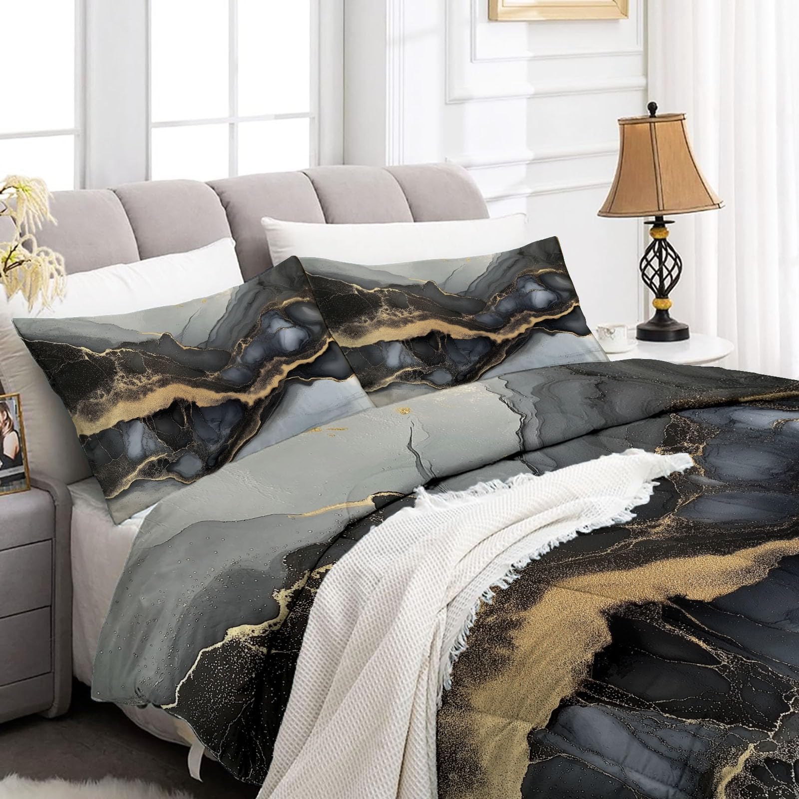 General Edredón Reversible para Todas Las Estaciones 220×240 cm - Sencillo Mármol Texturas Grueso y Suave, Relleno Alternativo de Plumón, Hipoalergénico, Ligero y Lavable a Máquina Gris Oscuro