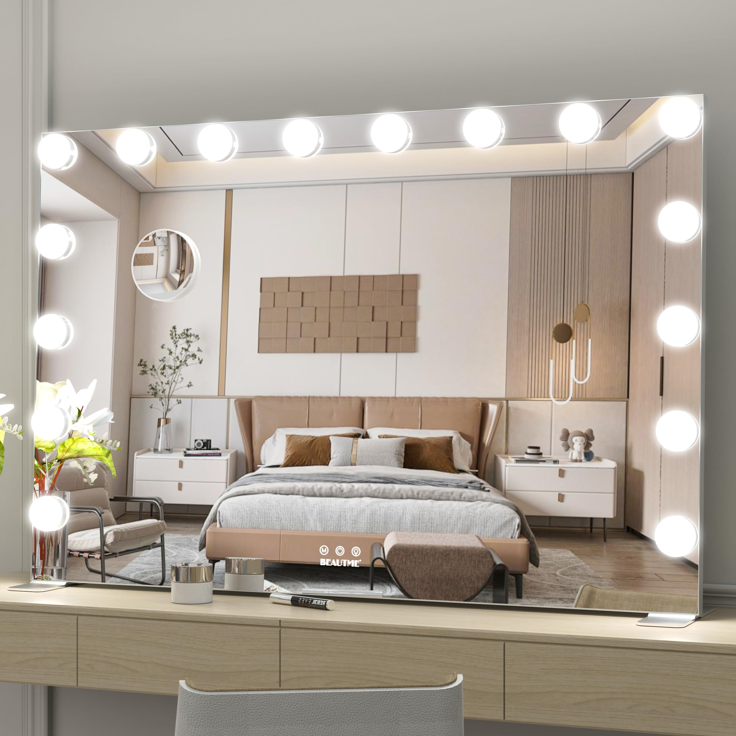 WONSTART Large Vanity Mirror with lights,91x61cm Hollywood Light Up Mirror with light for Makeup, dimmable lights with 3 color lighting settings Silver