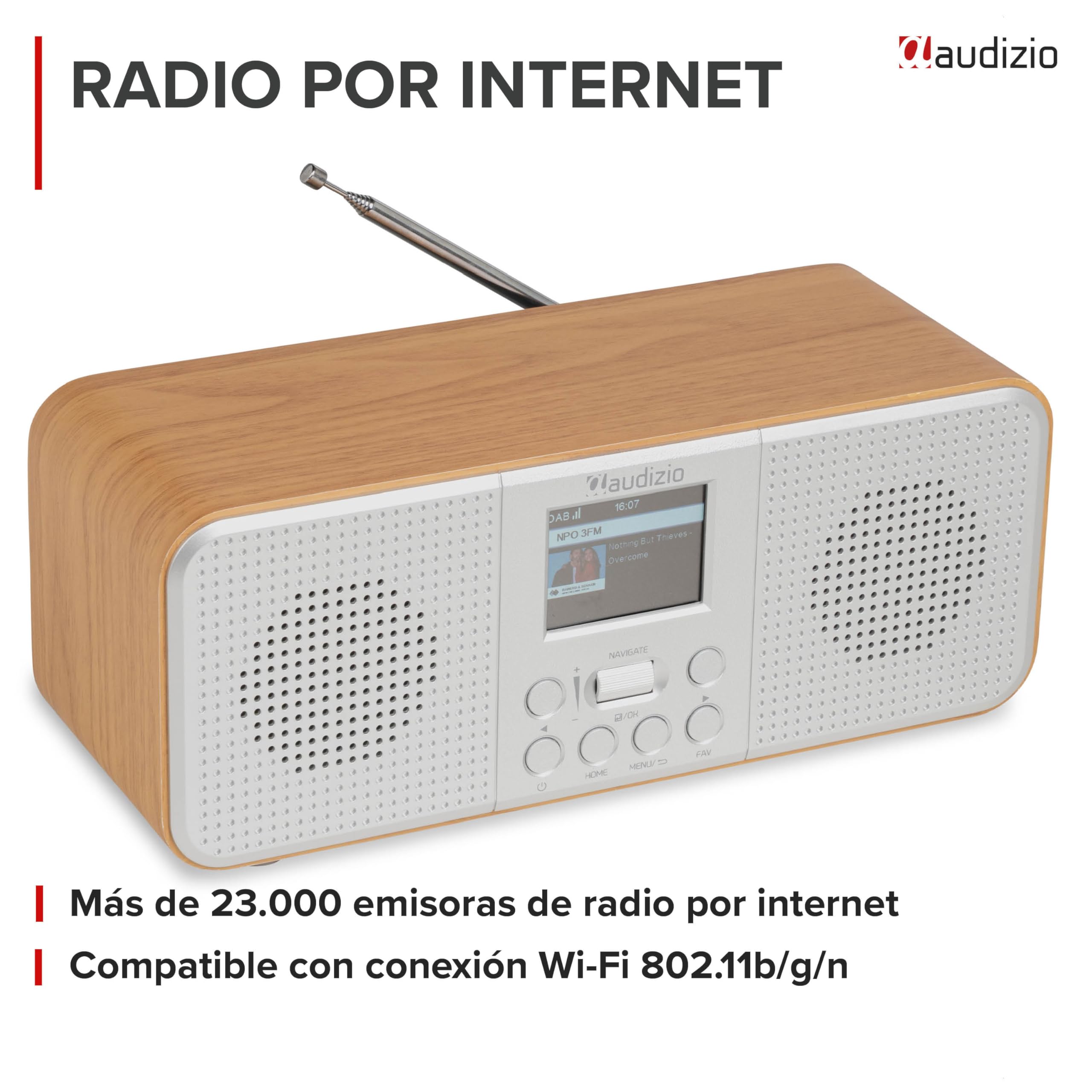 Audizio Bucine - Radio Dab+/FM Bluetooth y WiFi 40W Acabado Plateado | Radio de calidad, Bluetooth, WiFi y radio DAB+/FM, sonido estéreo de 40W, pantalla a color, para cocina, salón y viajes