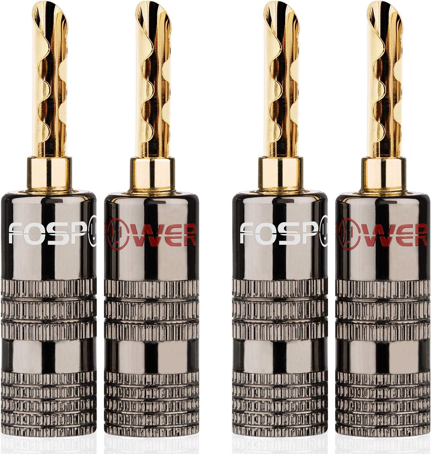 FosPower Banana Plugs 2 Pairs / 4 pcs, BFA 24K Gold Plated Banana Speaker Plug Connectors for Speaker Wire, Wall Plate, Home Theater, Audio/Video Receiver, Amplifiers and Sound Systems