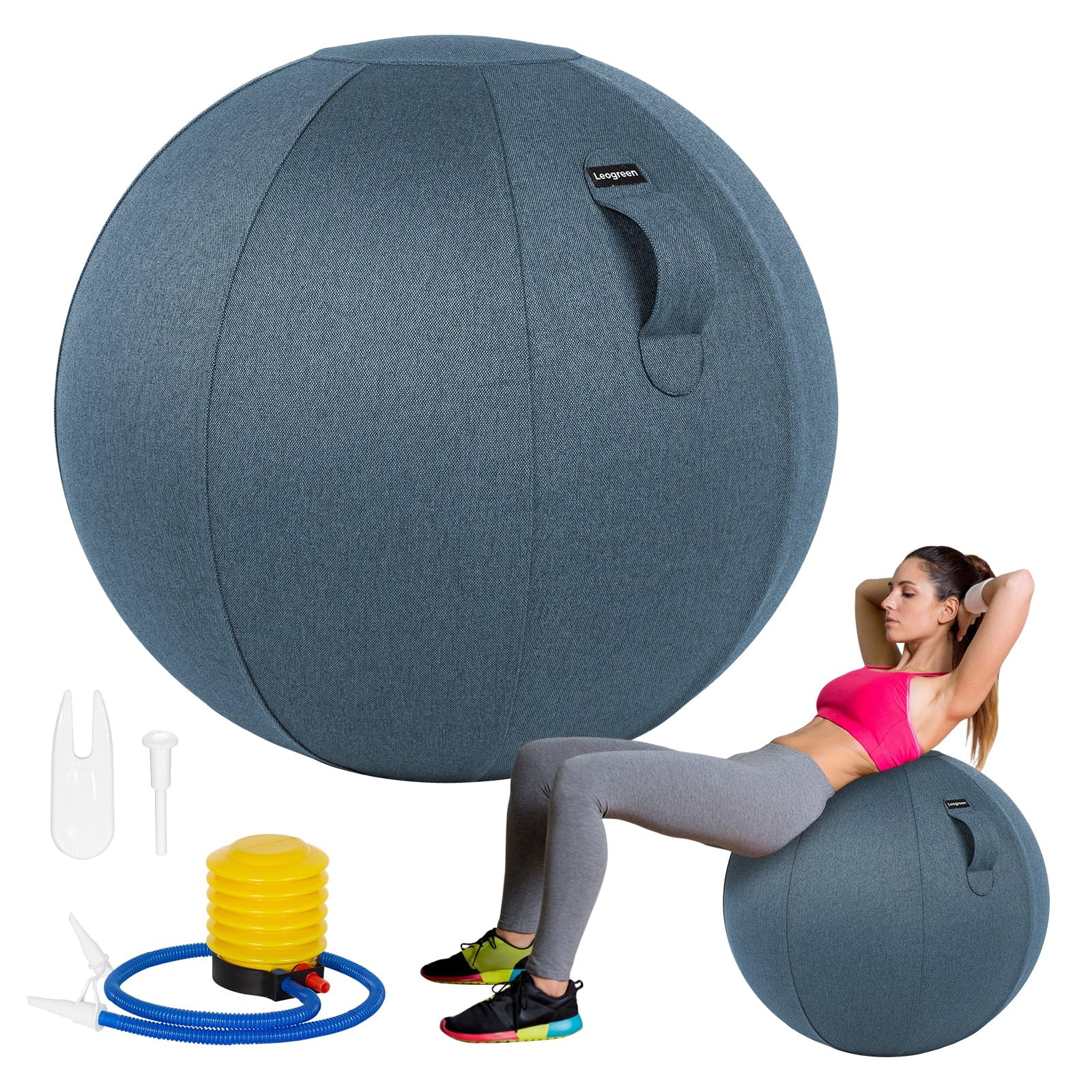 Leogreen Pelota de Pilates Gris 65/75 cm, Silla Balón Ergonómica | Funda Lino Lavable, Antideslizante, Yoga, Oficina y Postura Correcta, Embarazo