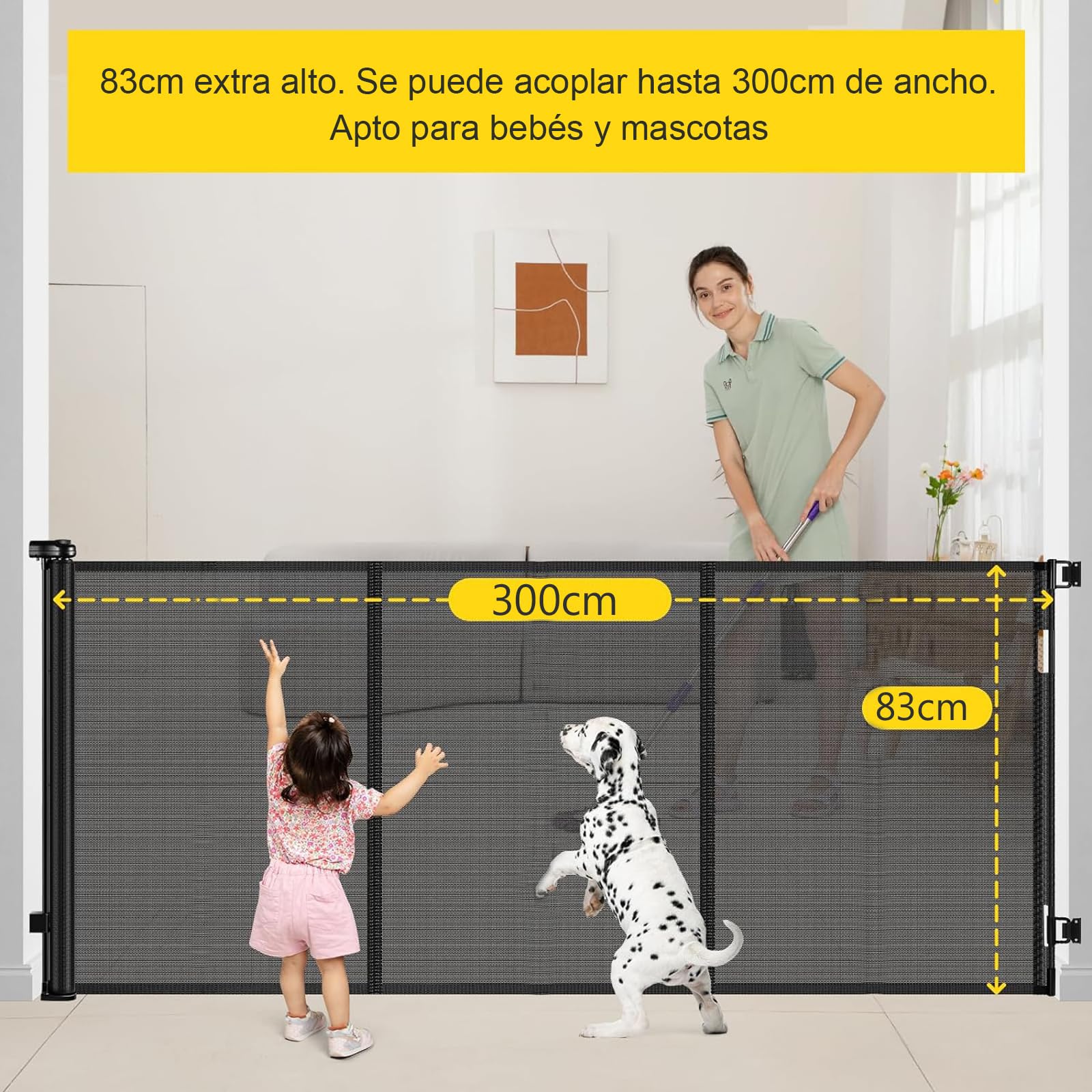 Puerta de escalera extensible para bebés, 0-300 cm, 83cm de alto, persiana para escaleras con barrera para bebés, puerta de escalera extensible, adecuada para escaleras/puertas/interiores y exteriores