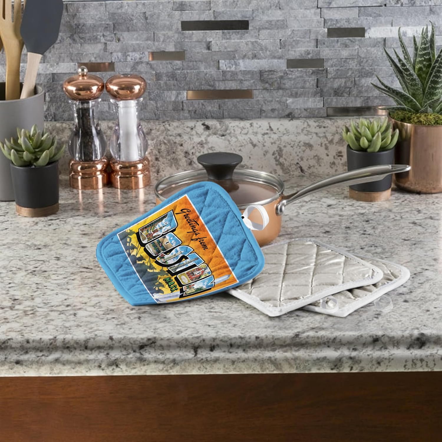 3D Rose Greetings from Boston Mass. Scenic Postcard Reproduction Pot Holder, 8 x 8