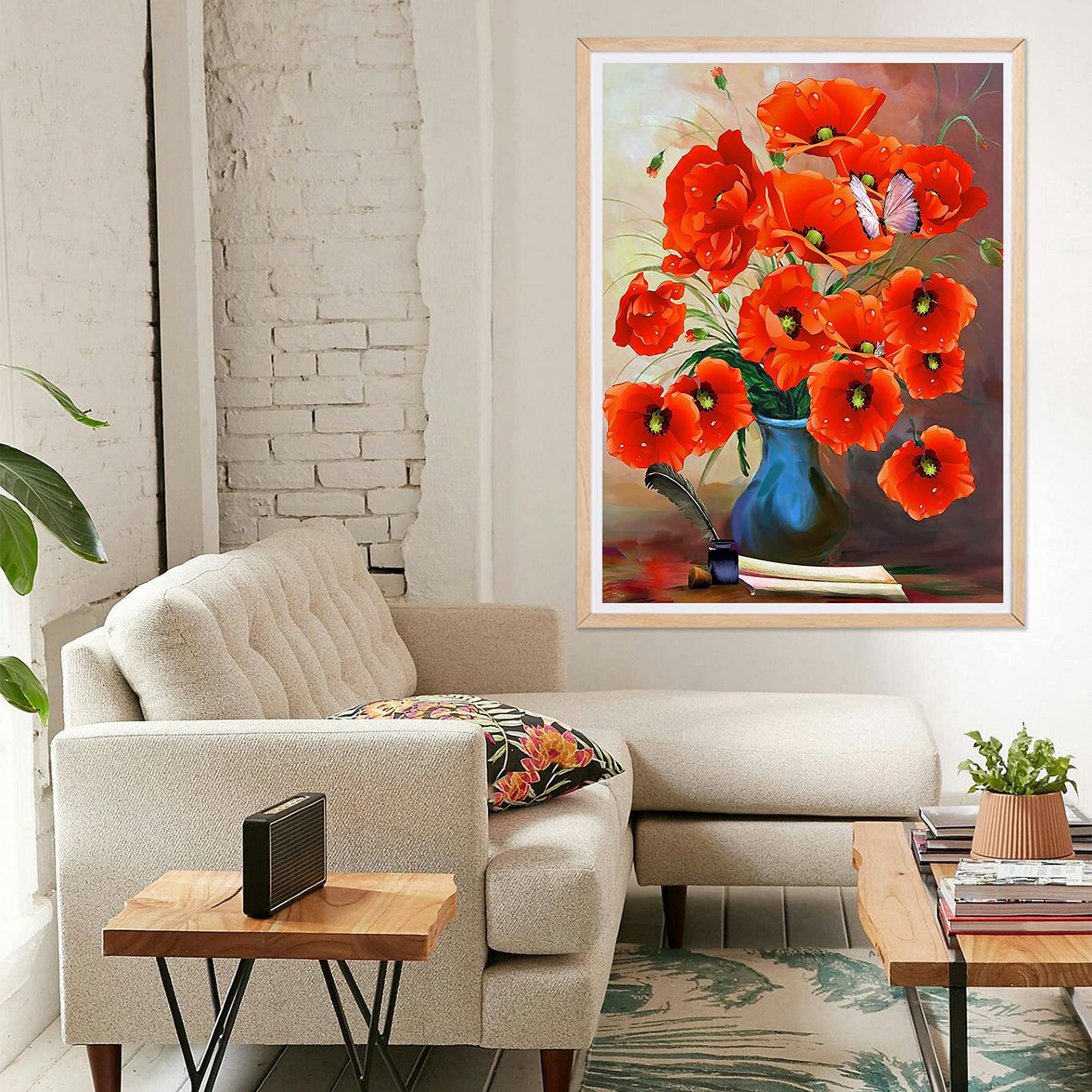 Fiori di papavero in vaso 5D Diamond Art Painting kit Completo,Pittura Diamante con Numeri,DIY Strass Ricamo Punto Croce Painting per Bambini Adulti Decorazione Parete Casa Square Drill,80x100cm