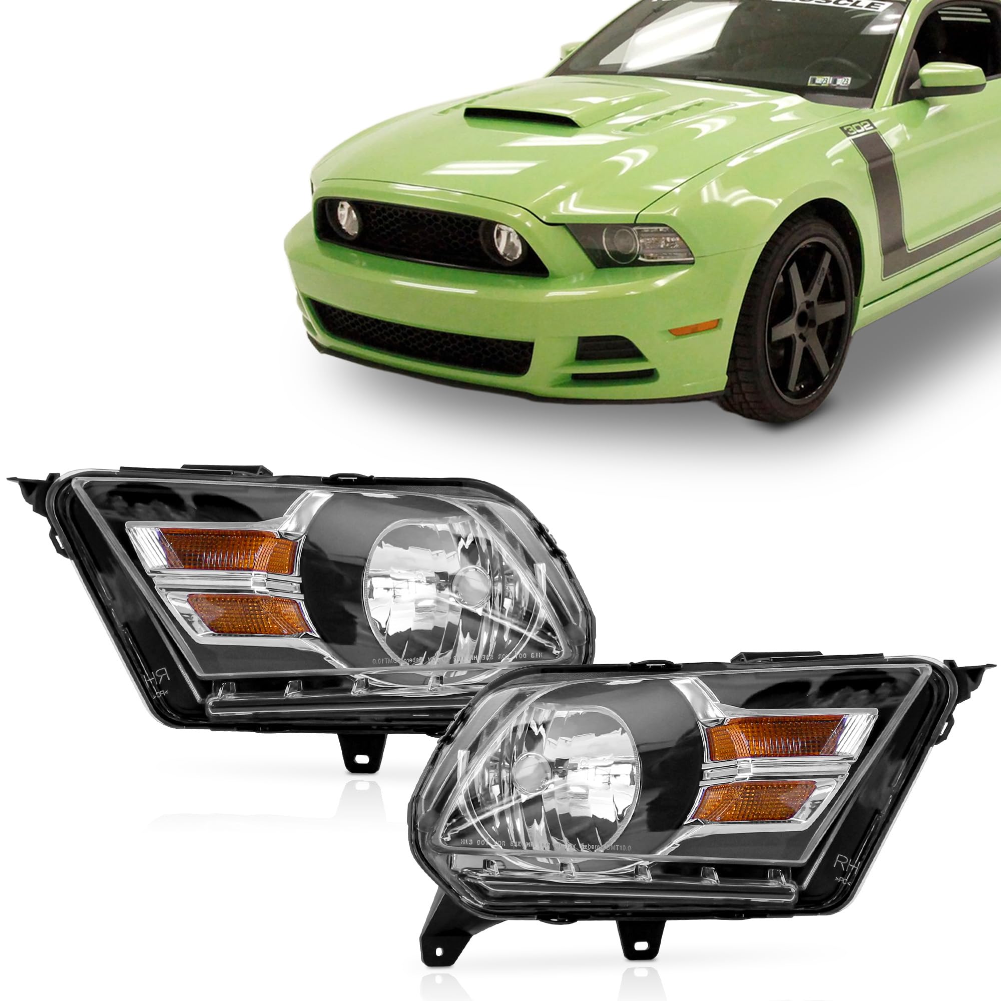 Pair Halogen Headlights For 2010-2014 Ford Mustang Black Housing Amber Reflector Left And Right FO2502276 FO2503276