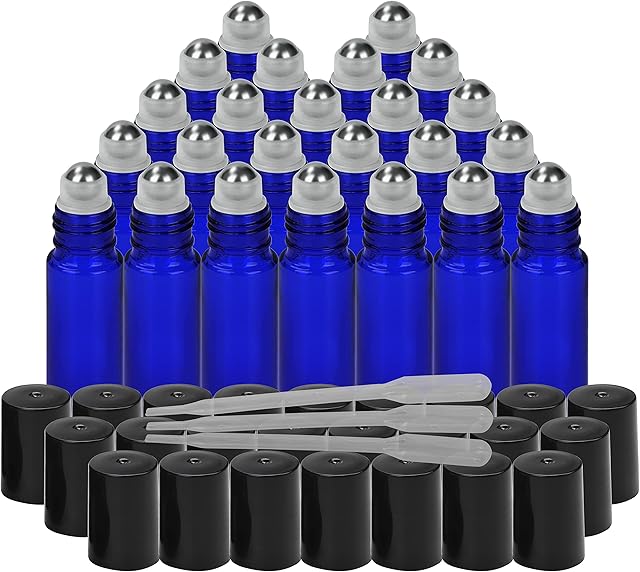 Belle Vous Cobalt Blue Glass Roller Bottles with Droppers (27 pack) - 10ml Essential Oil Bottle Set with Stainless Steel Roll Balls - Refillable Empty Bottles for Aromatherapy and Oils