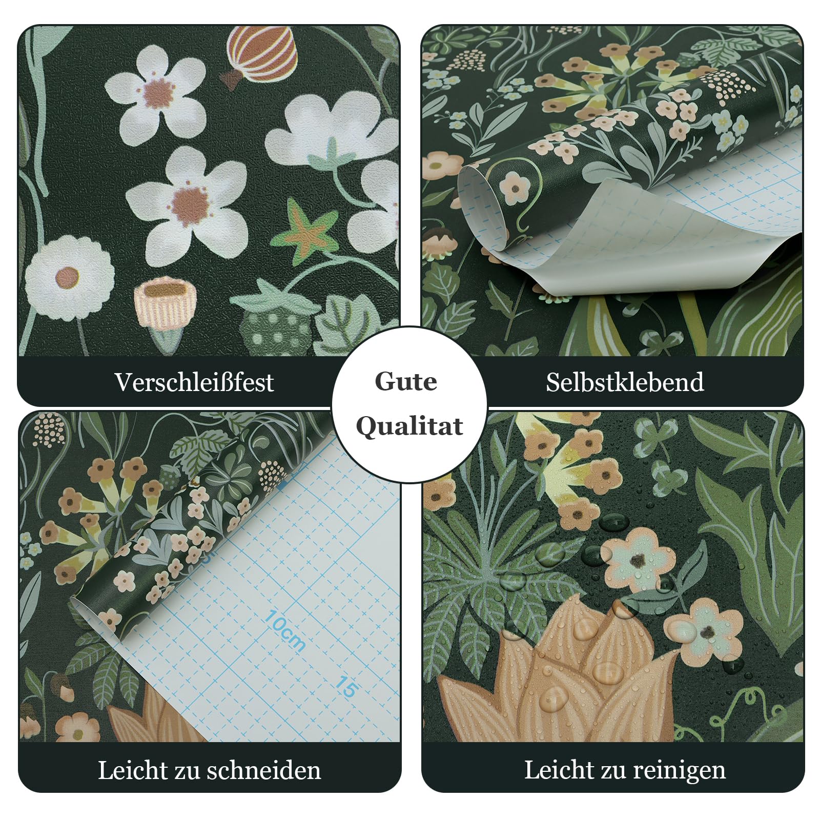 LiKiLiKi Samoprzylepna tapeta w kwiaty, 44 x 1000 cm, zielona, tapeta kwiatowa, retro, kwiaty, liście, tapeta z motywem, folia samoprzylepna, tapeta ścienna, wodoszczelna folia do mebli, do sypialni,