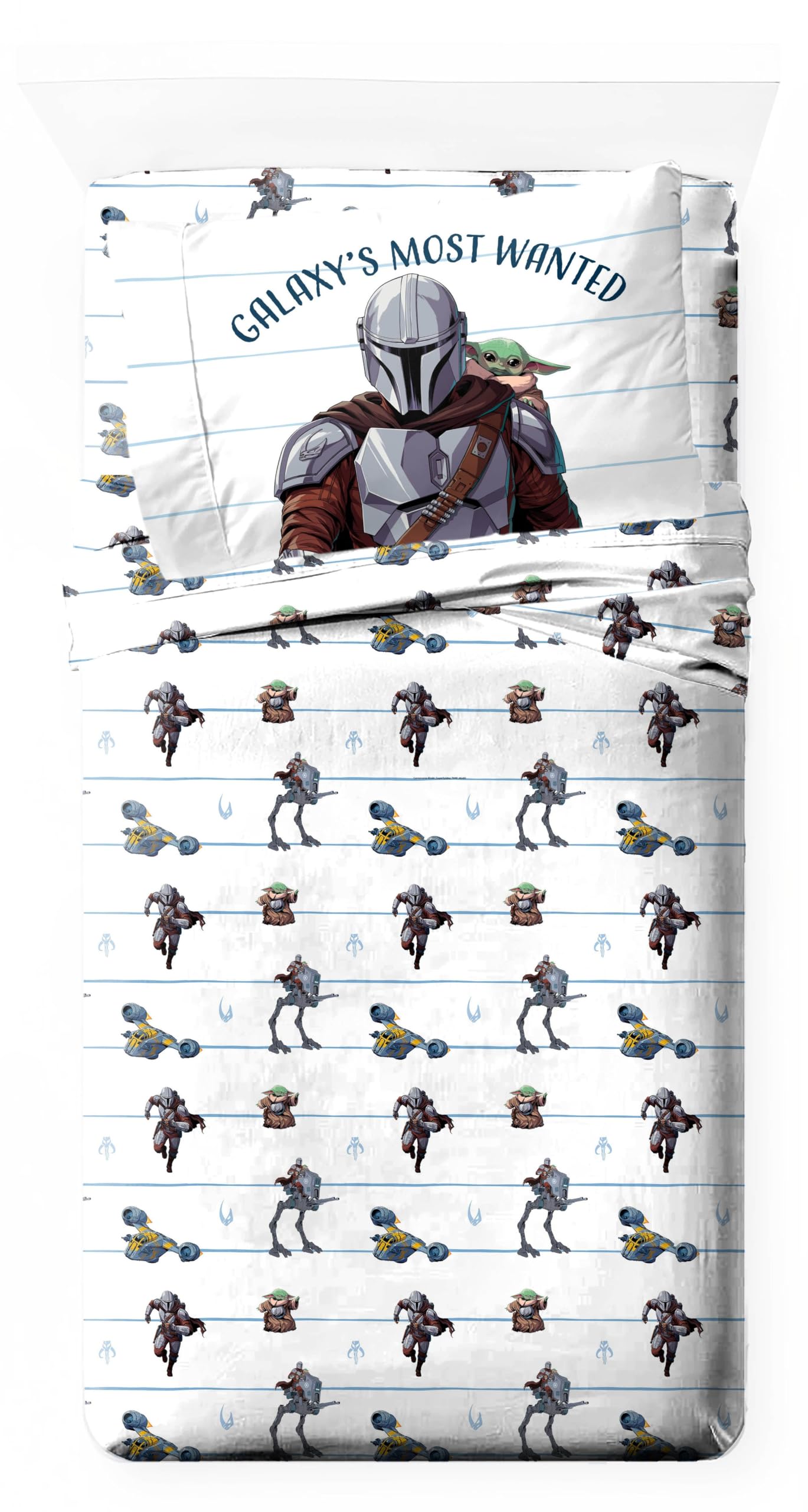 Jay Franco Kids Sheet Set with Fitted, Flat Sheets & Pillow Cover - Ultra-Soft Bedding with Pillowcase for Room Decor, White - Star Wars Mandalorian, 3 Piece Twin