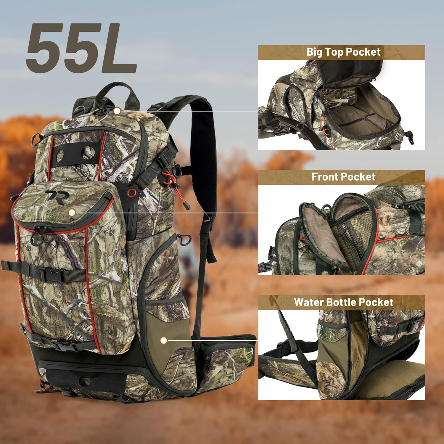TR Hunting Backpack, Waterproof Hunting Pack with Rifle Holder,Internal Frame,Rain Cover, Camo Daypack for Rifle Bow Gun