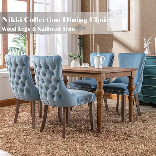 Miniatura 28 de Juego de 4 sillas de comedor de terciopelo negro, sillas de comedor tapizadas con respaldo copetudo con patas de madera maciza, sillas de comedor