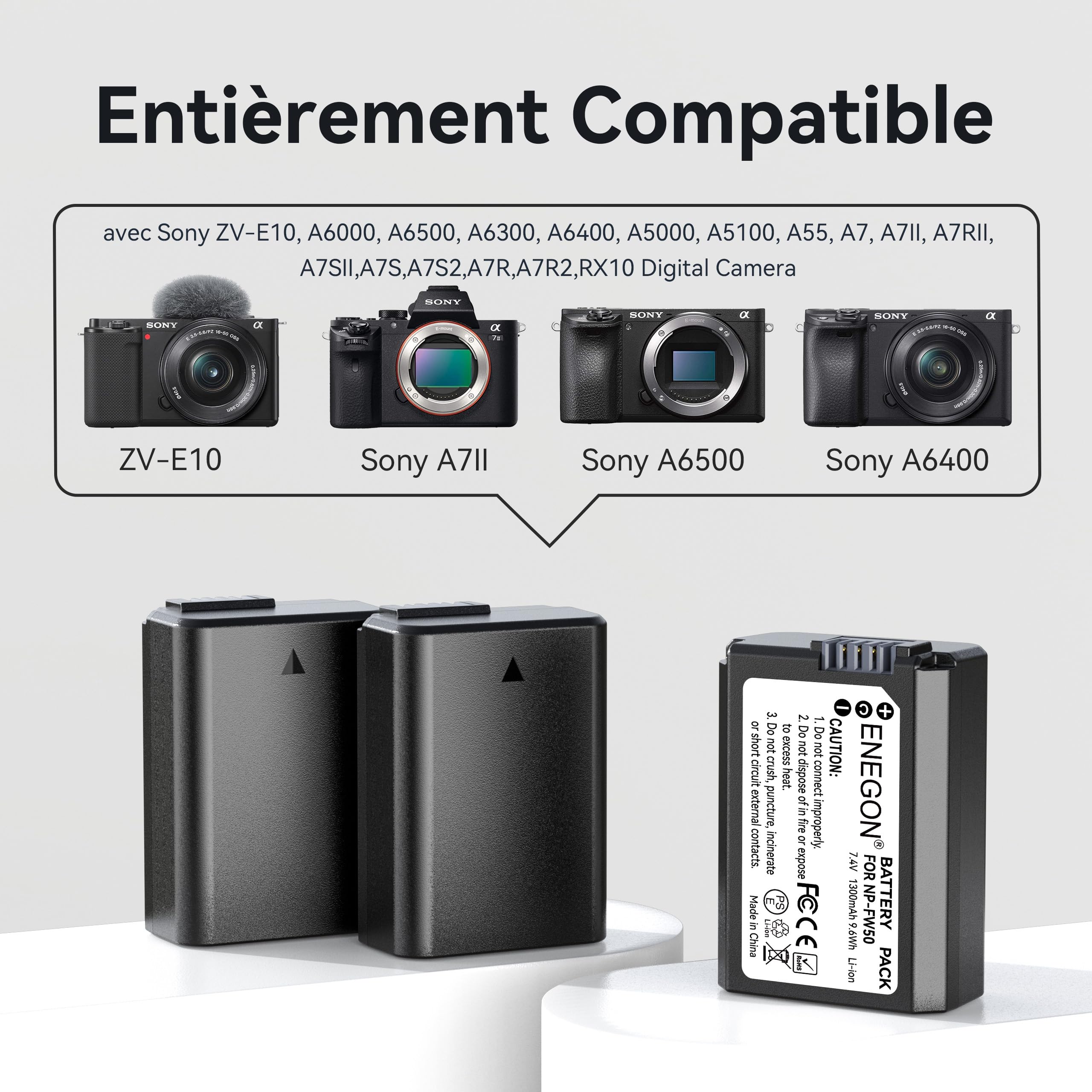 ENEGON NP-FW50 Lot de 3 batteries 1300 mAh et chargeur LCD 3 baies pour Sony Alpha A6000 A6300 A6400 A6500 ZV-E10 7RM2 A7SM2 A7M2 A7 II A7R II A7S II A5000 A5100 A5100 3000 g. RX10 II III IV NEX-3/5