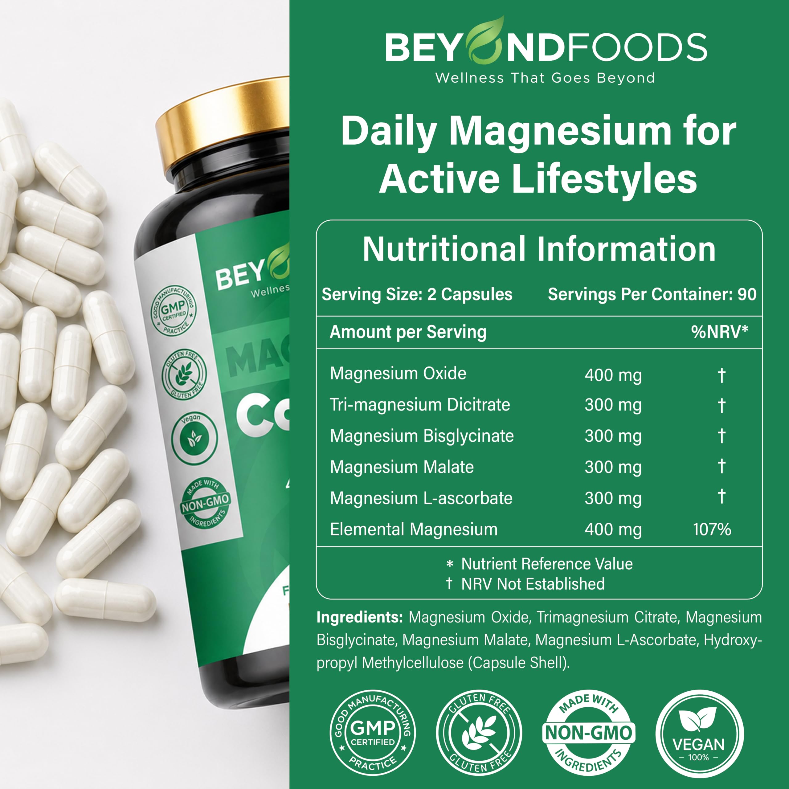 Magnesium Komplex 5-in-1 Kapseln – 400 mg elementares Magnesium pro Portion – Mit Bisglycinat, Citrat, Malat, Oxid & L-Ascorbat – 180 vegane Kapseln, 3-Monats-Vorrat
