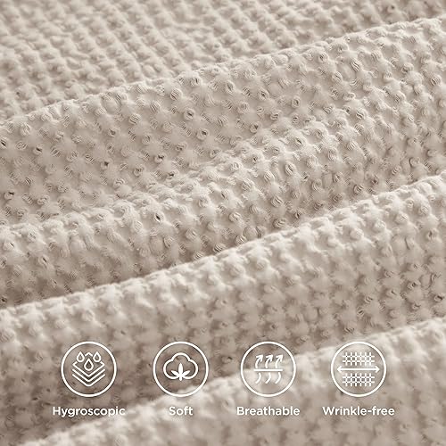 Miniatura 4 de Bedsure Juego de funda de edredón de algodón tamaño King, 100% algodón, tejido de gofre, color beige, suave y transpirable, para todas las