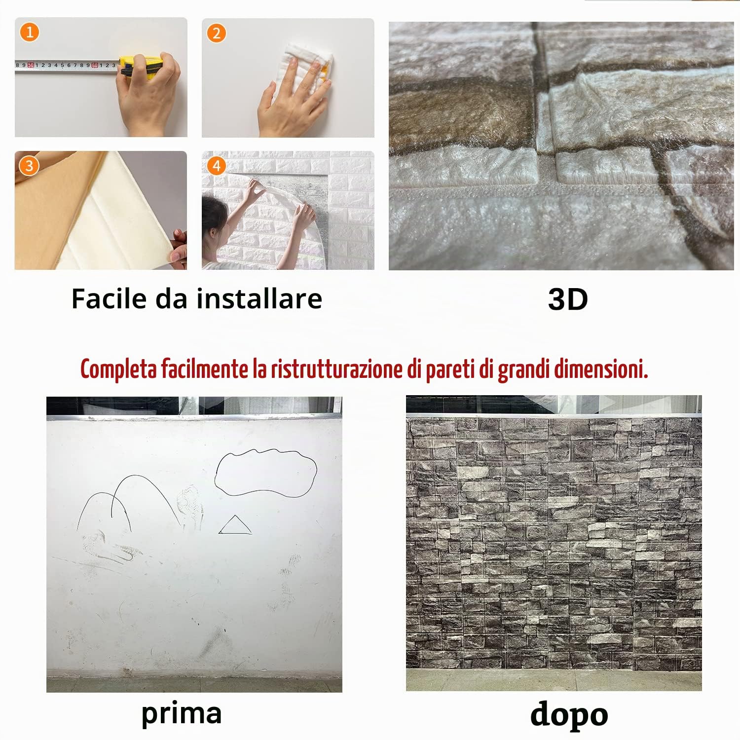 10 pannelli da parete 3D, con pellicola adesiva in schiuma, motivo mattoni 3D, staccabili e incollati, carta da parati autoadesiva (10 pezzi, colore roccia)