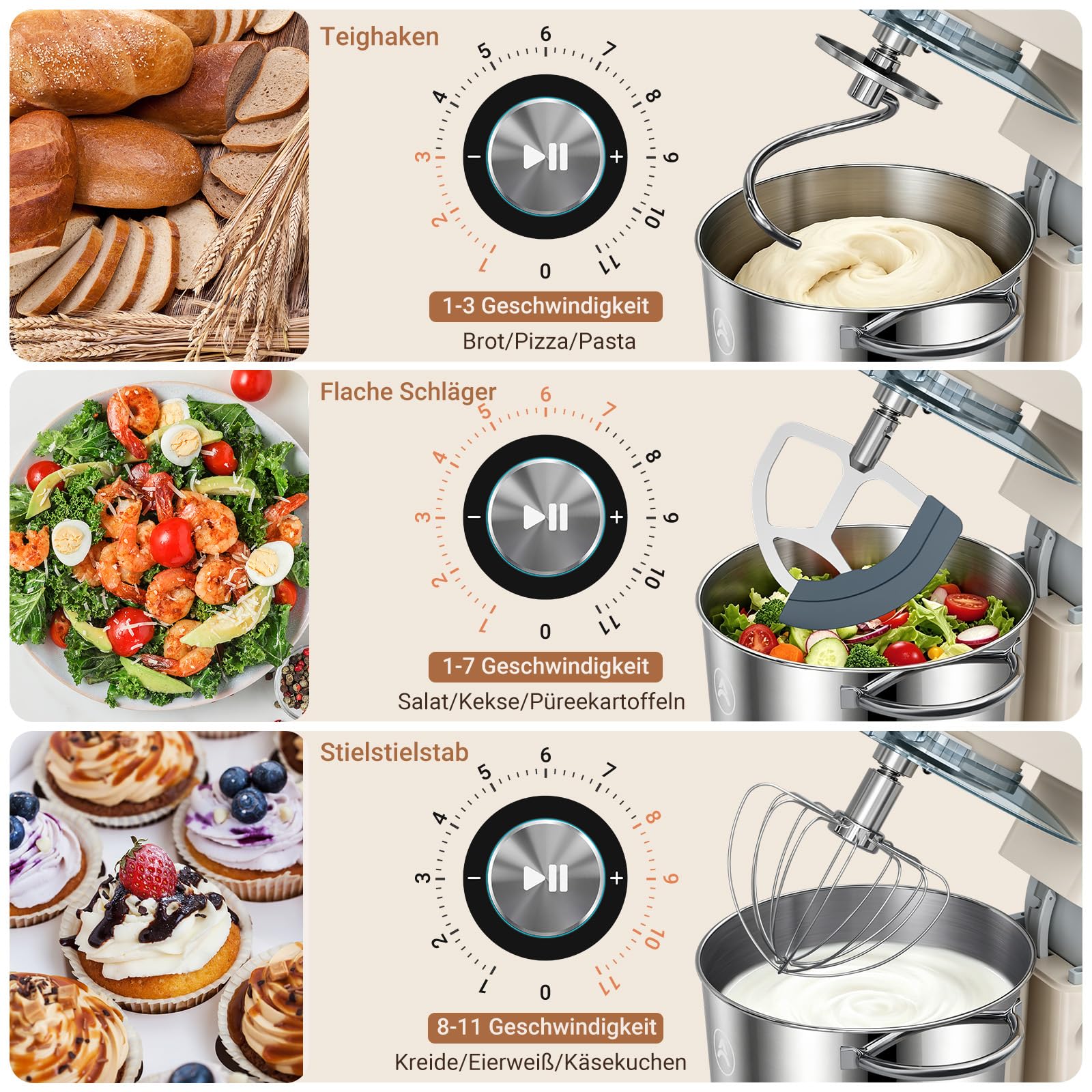 ZACME Robot de cocina de 1200 W, cuenco de acero inoxidable de 5,2 L, motor de CC silencioso, transmisión de 11 niveles, incluye 3 herramientas para mezclar (gancho para amasar, batidor, batidor