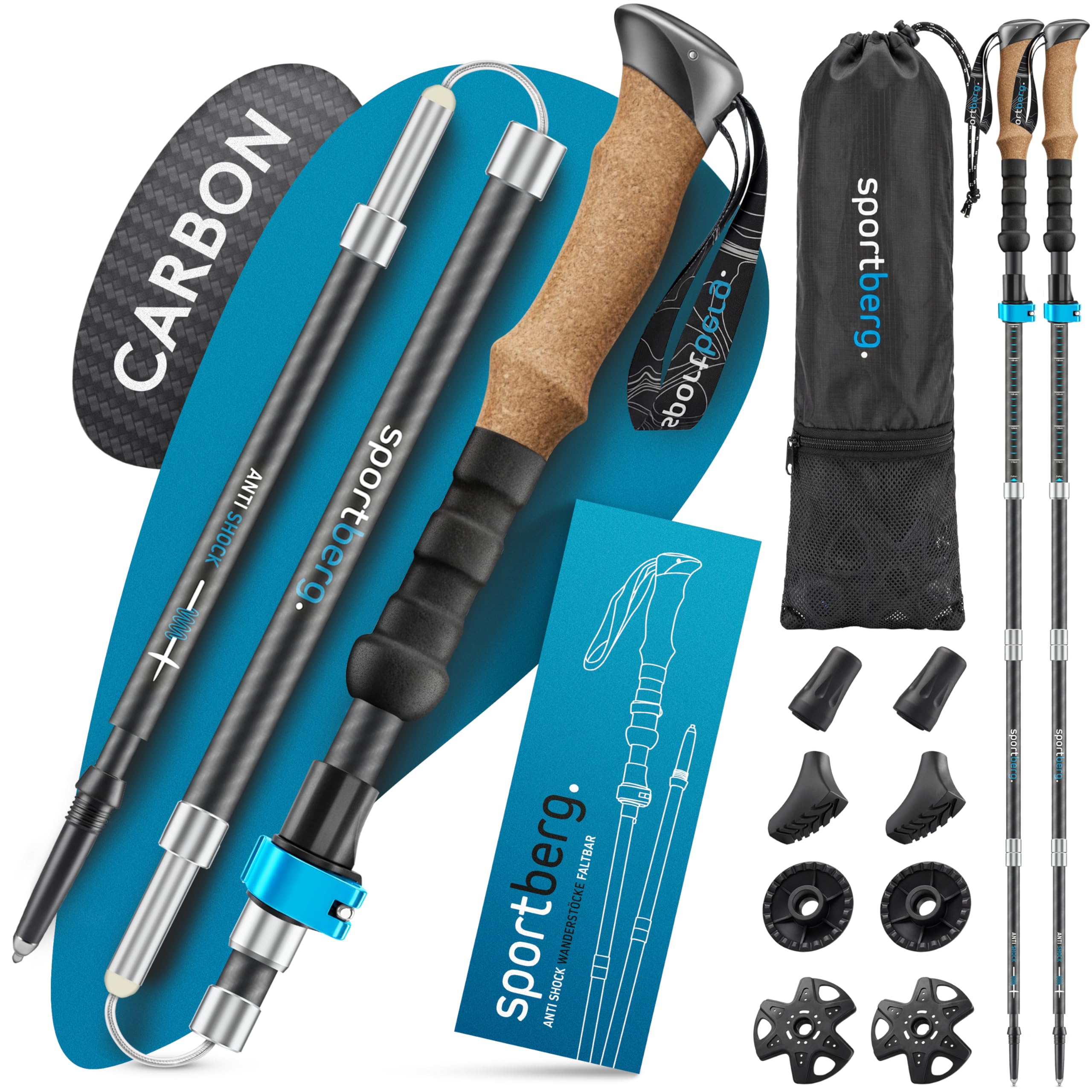 SPORTBERG Wanderstöcke faltbar aus Carbon – leichte Teleskop Nordic Walking Stöcke Damen/Herren mit Korkgriff, höhenverstellbar für maximalen Halt beim Wandern & Outdoor-Abenteuer, Walking Stöcke