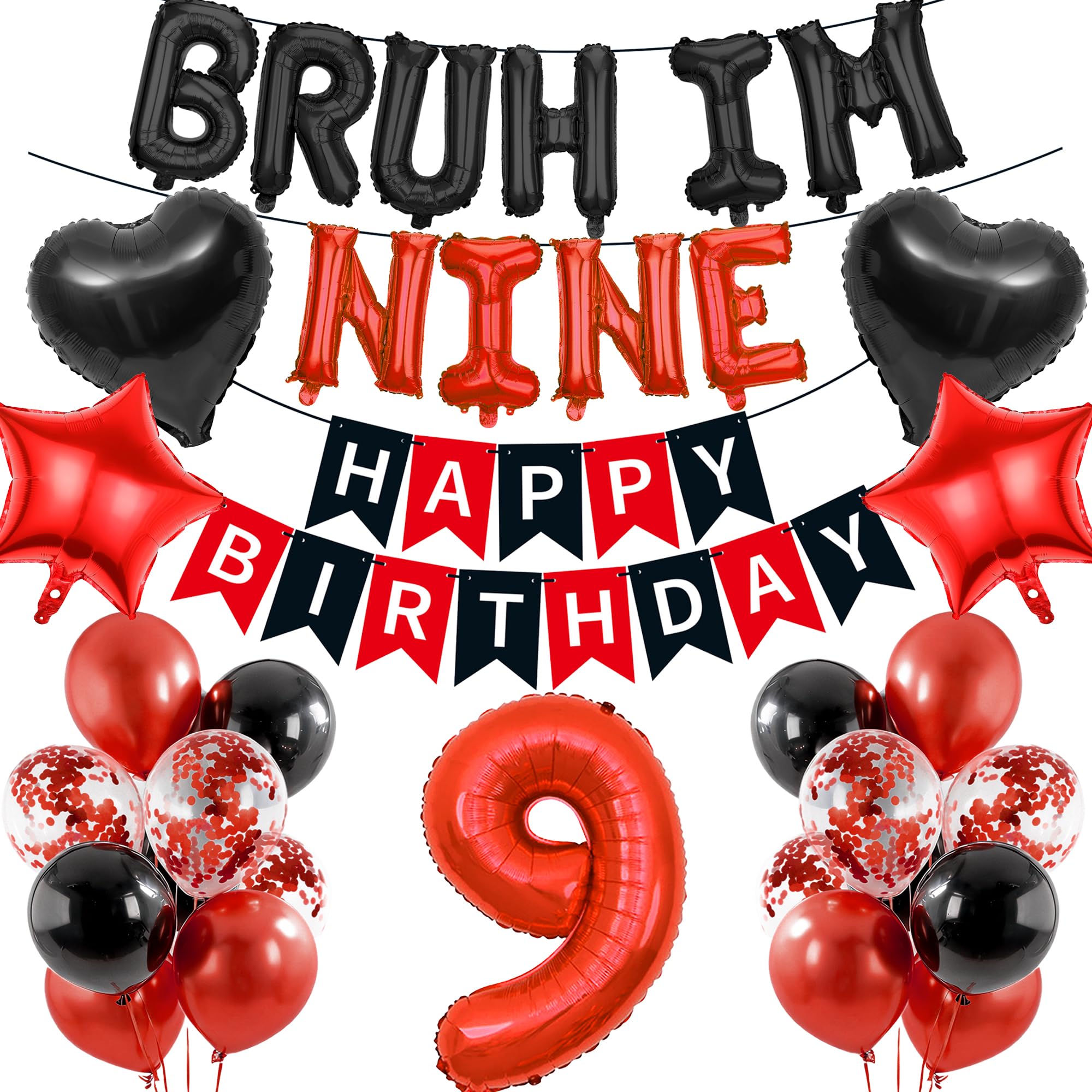 9th Birthday Decorations Banners Boy - 34 Pcs Black and Red Happy Birthday Banner BRUH I'M NINE Star Heart Number 9 Foil Balloons Decoration Sequin Balloons for 9 Years Old Boys Party Decor Supplies