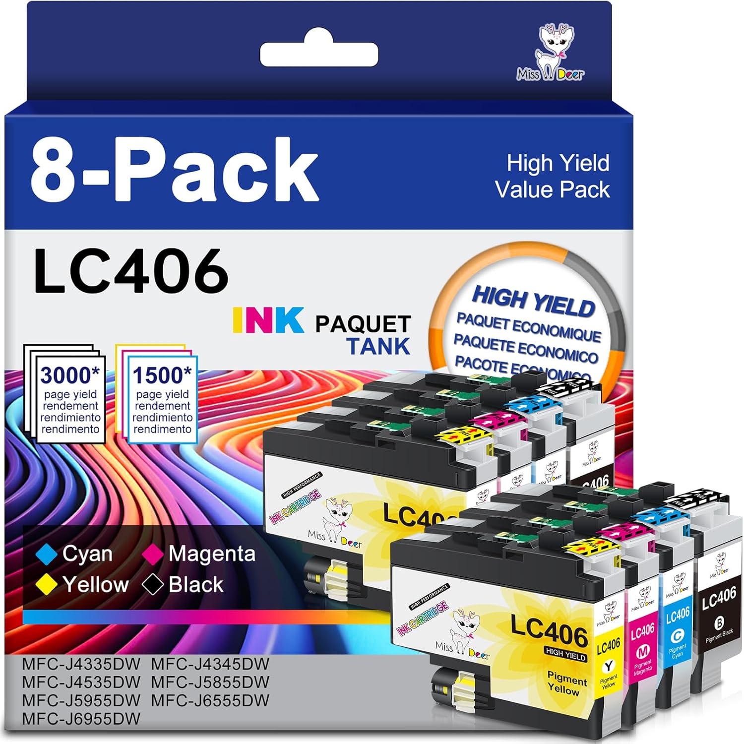 Miss Deer LC406 Ink Cartridges 8-Pack, Compatible Replacement for Brother LC 406 LC406XL for MFC-J4335DW MFC-J4345DW MFC-J4535DW MFC-J5855DW MFC-J5955DW MFC-J6555DW MFC-J6955DW Printer (2BK/2C/2Y/2M)