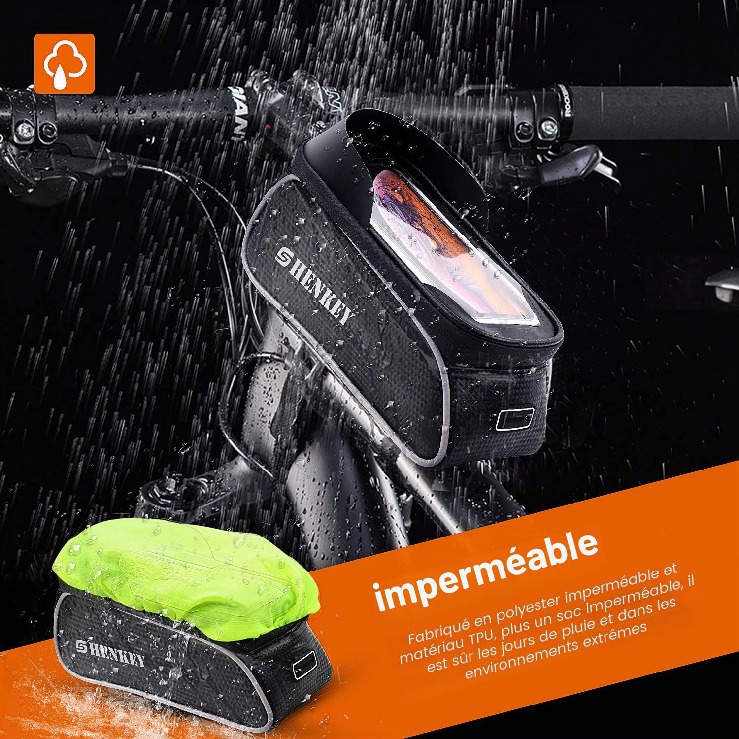 Sacoche de Cadre vélo, Support Telephone Vélo Etanche Sacoche VTT Cadre Pochette Velo Guidon Écran Tactile pour Smartphone sous 6,5 Pouces