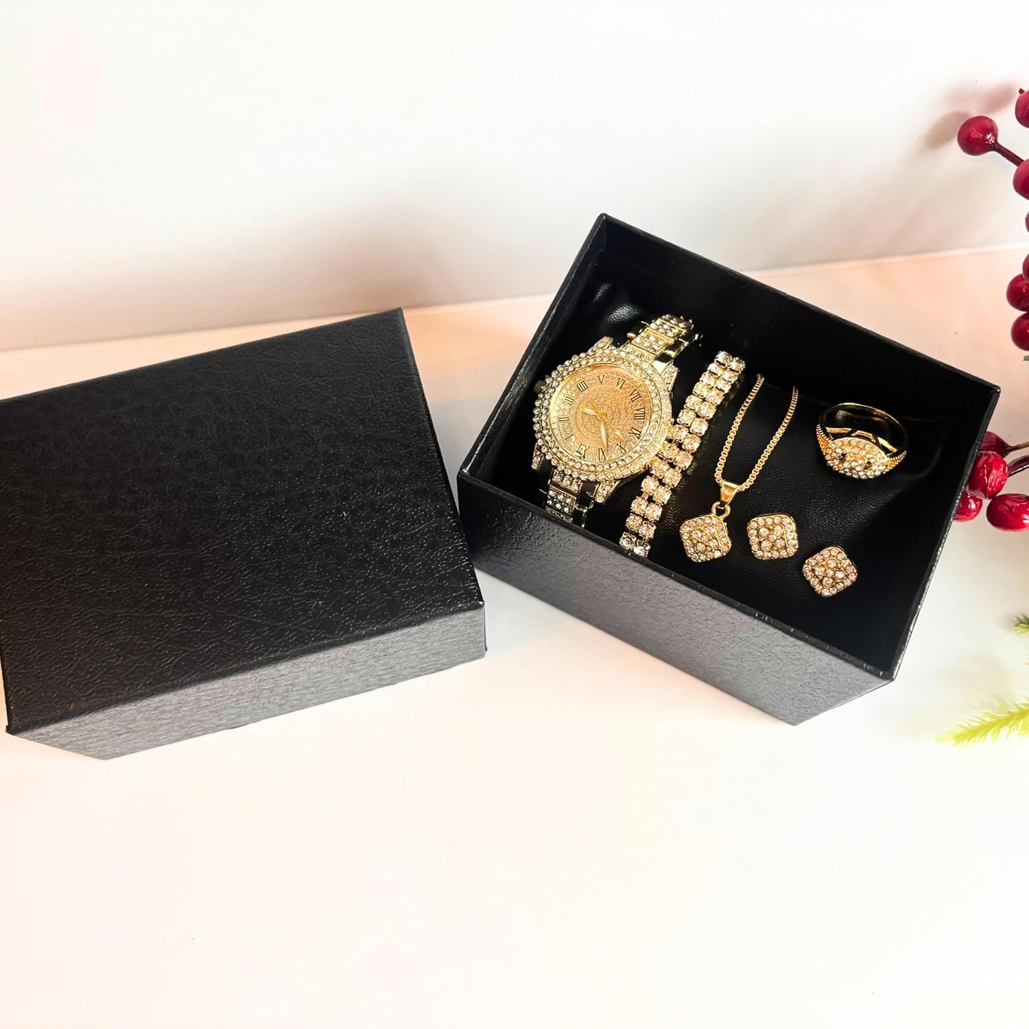 OLALACLAYCO Rhinestone Watch Jewelry Set with Necklace, Bracelet, Ring, Earrings, Hip Hop Style, 6 Pieces - Image 4