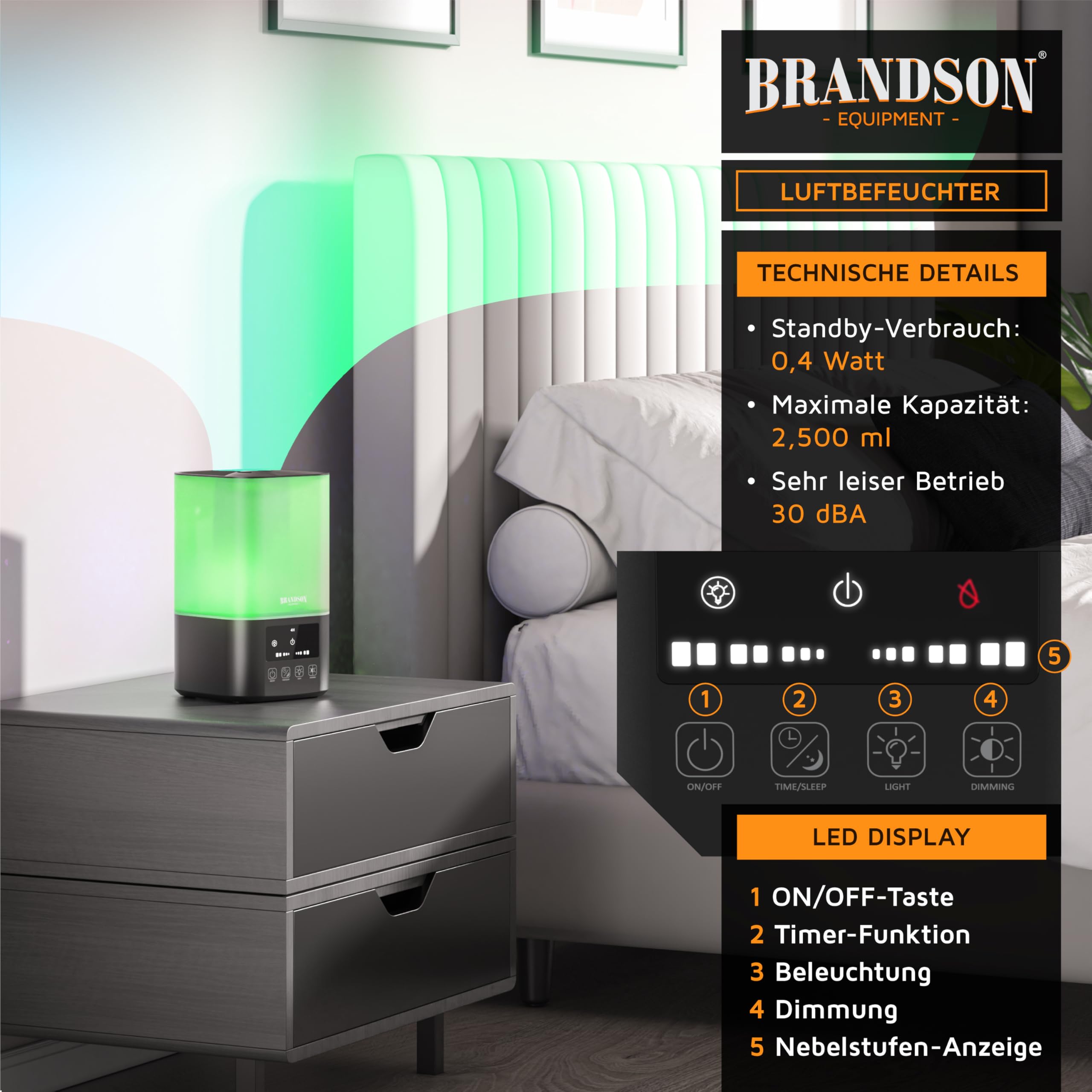 Brandson - Luftbefeuchter 2,5 Liter - sehr leise 30dB - Fernbedienung - Display digital – 3 Nebelstufen - 7 Helligkeitsstufen - RGB - Schlafmodus - Schlafzimmer Kinderzimmer Wohnzimmer