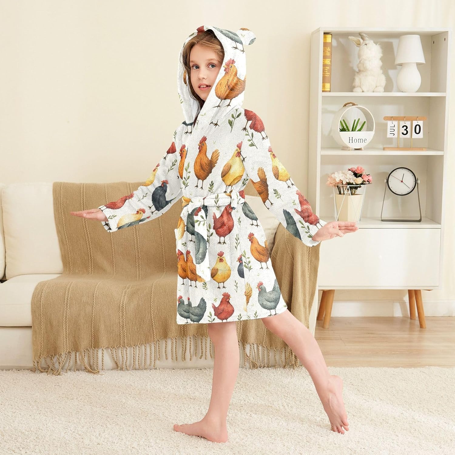 Watercolor Retro Chicken Pattern Toddler Hooded Bathrobe for Boys Girls Soft Plush Bath Towel Robe 2-12 Years