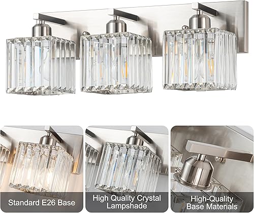 Miniatura 7 de Moderna lámpara de tocador de baño, 3 luces, moderna lámpara de baño de cristal cromado sobre espejo, iluminación de tocador de baño cromada,