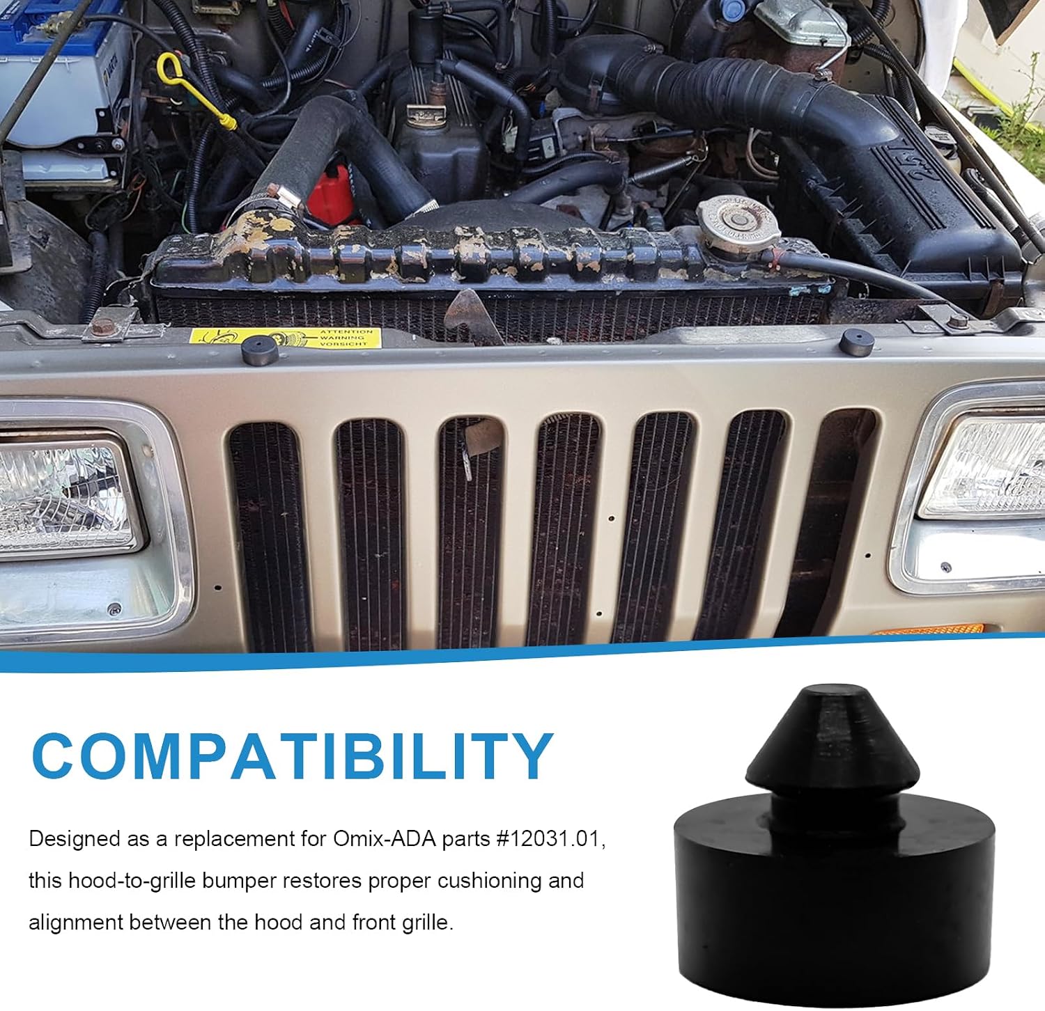 Hood Stop Bumper Replacement for Omix-ADA Parts #12031.01, Compatible with 1987-1995 Jeep Wrangler YJ Accessories, Durable Rubber Hood Grille Cushion Bumper - 2 Pack
