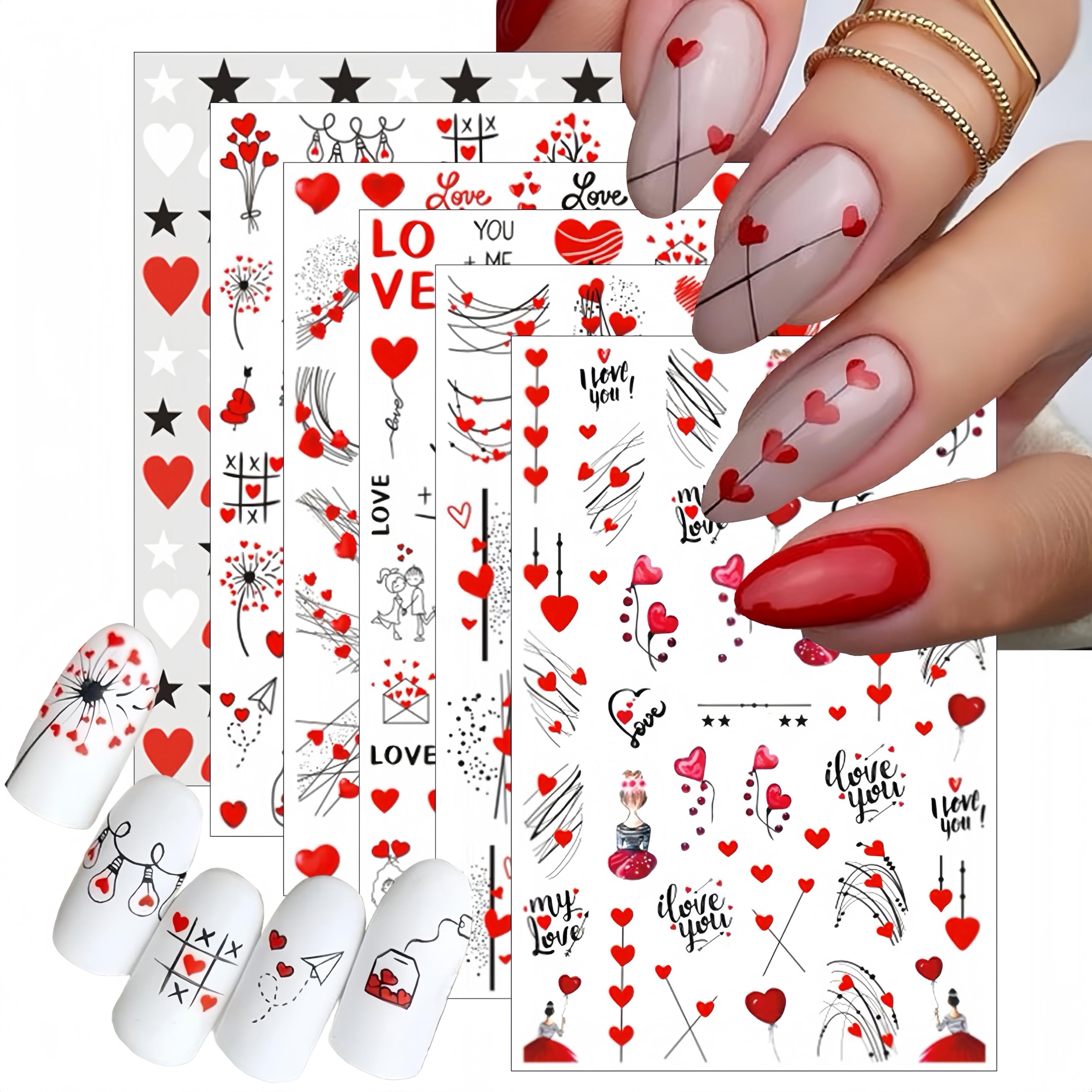 6 Sheets Valentine's Nail Stickers 3D Self-Adhesive Red Couple Balloon Pattern Stickers Romantic Design for Women Girls Valentine's Nail Art