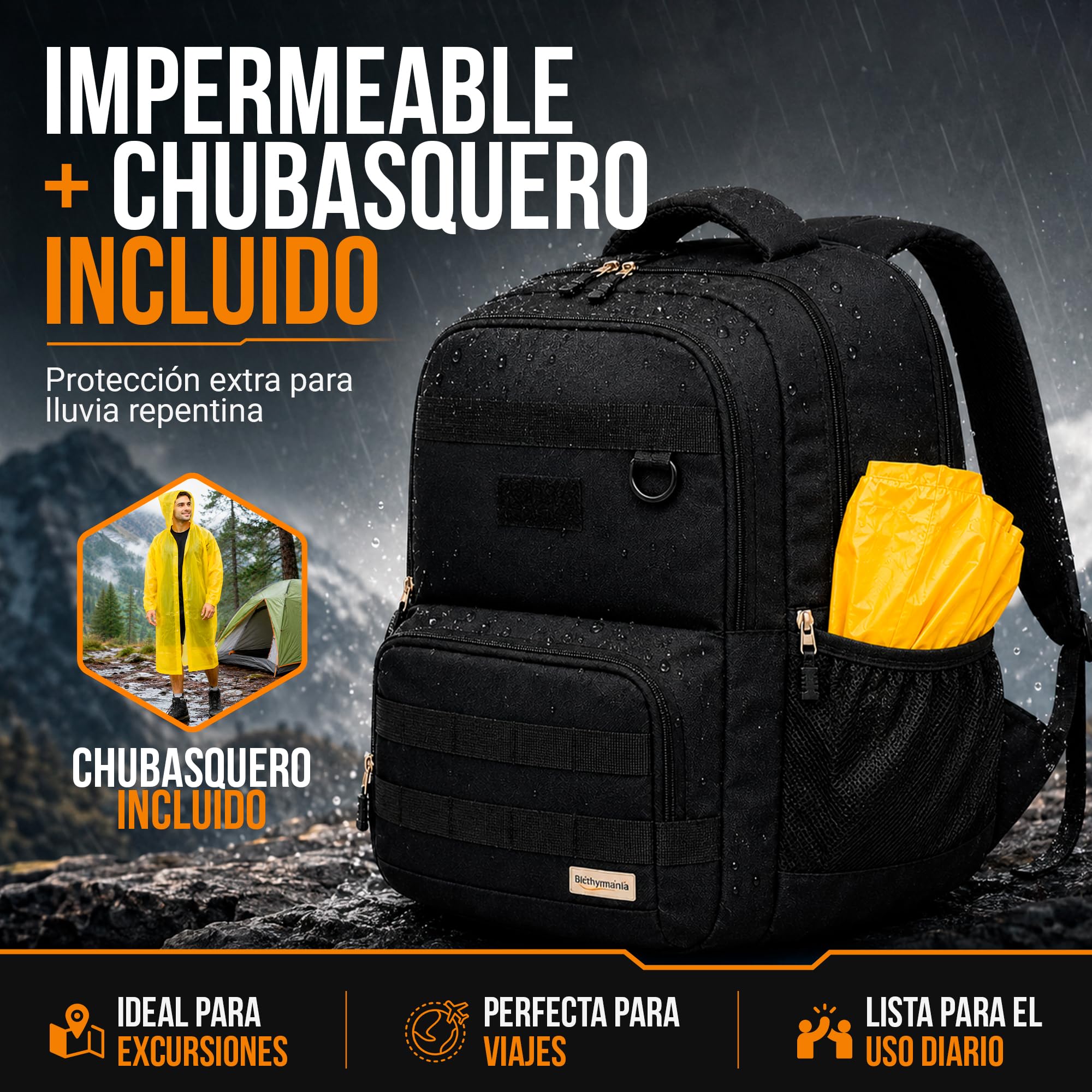 Mochila Táctica Militar 28L Impermeable con Sistema MOLLE y Chubasquero Incluido, Mochila Multifunción para Viaje, Trabajo, Senderismo y Uso Diario, Compartimento para Portátil