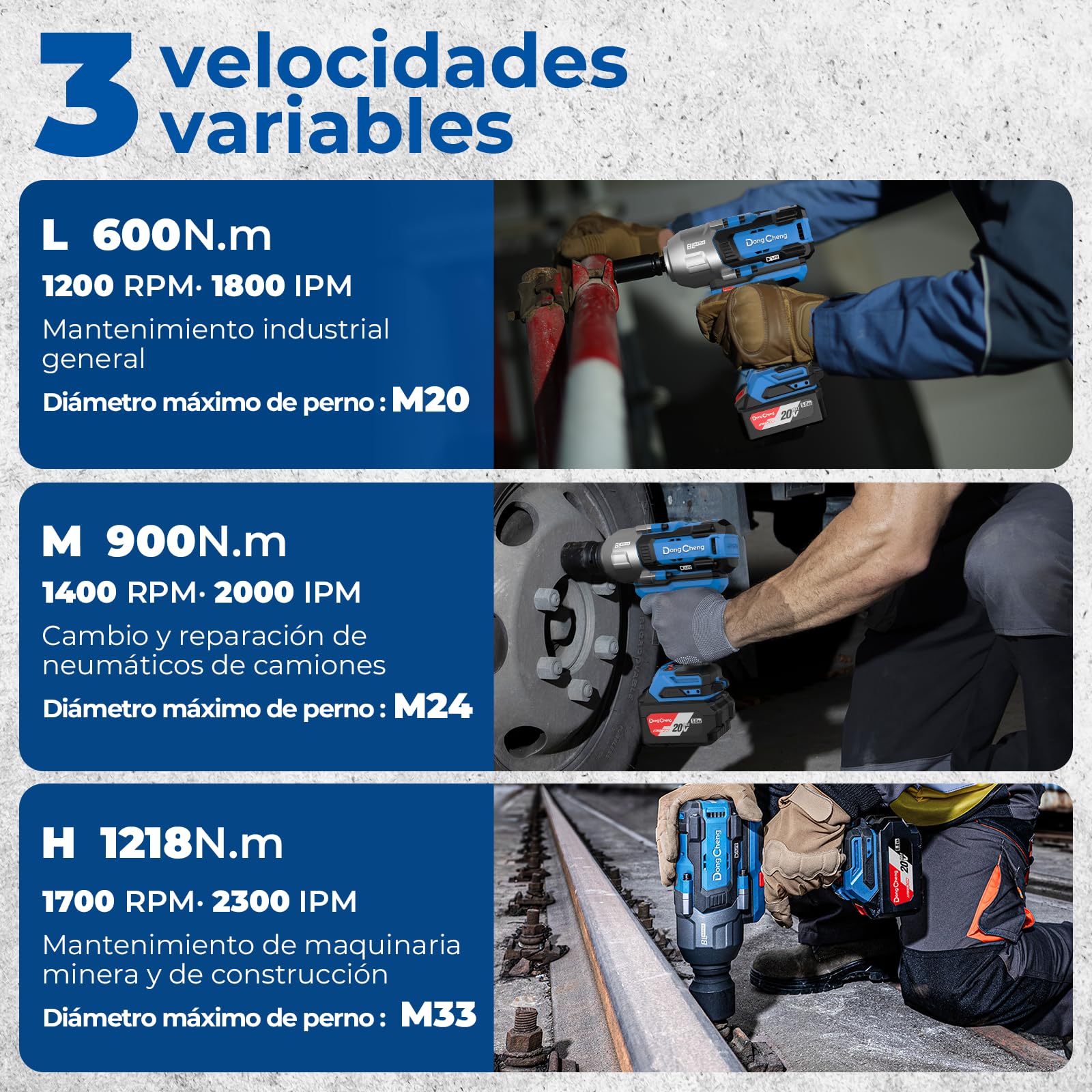 DongCheng Llave de impacto a batería, 1700 Nm Incluye 1 batería 5Ah | sin escobillas 1/2" , 3 velocidades , cargador rápido, 3 dados y maletín. Para reparación de camiones y maquinaria pesada