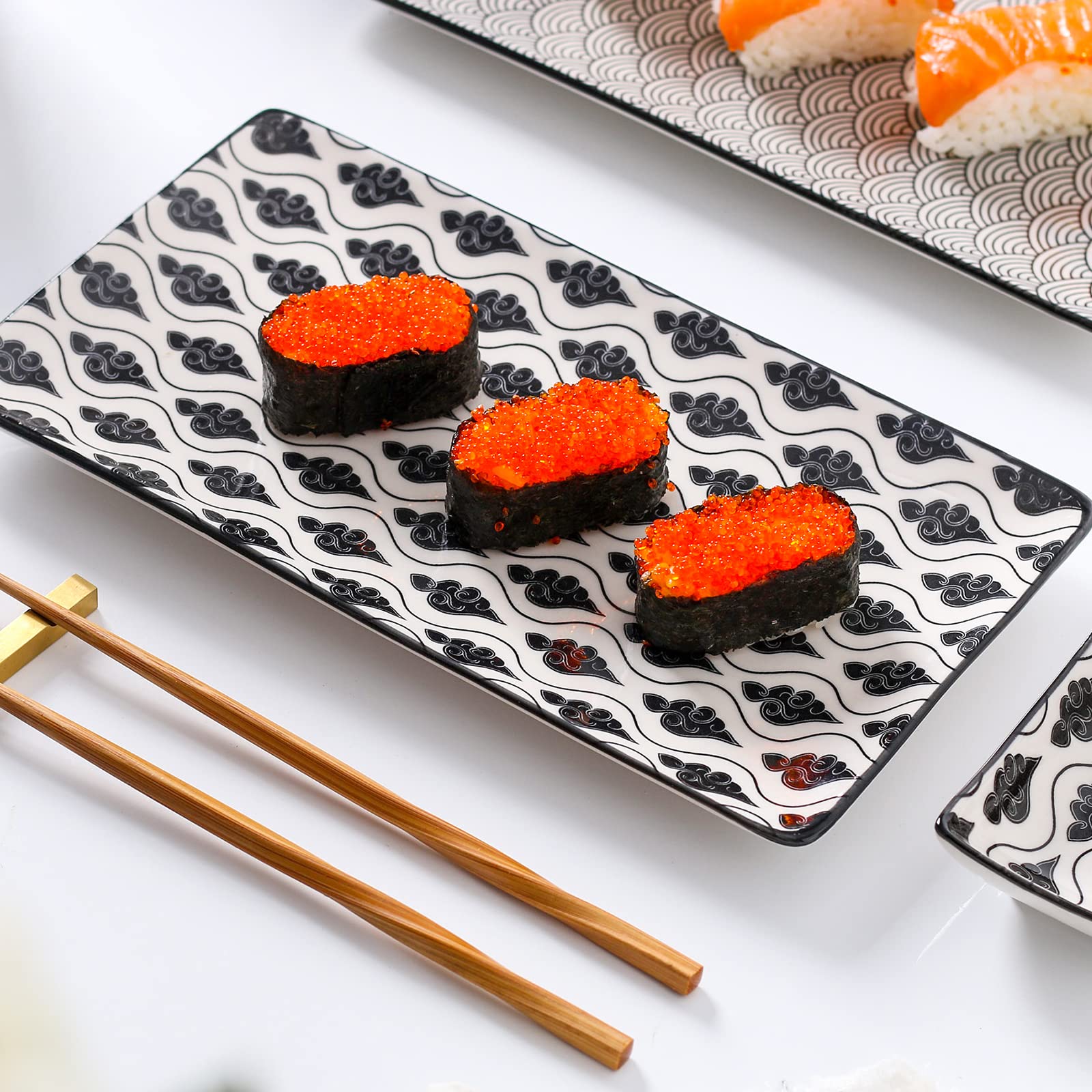 vancasso, Serie Haruka, Servizio di Sushi, 2 piatti per salsa, 2 piatti piatti rettangolari e 2 bacchette, 2 ciotole giapponesi per 2 persone, confezione regalo