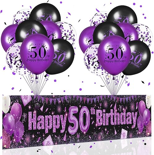 Decoraciones moradas de cumpleaños 50 para mujeres y hombres, pancarta de feliz cumpleaños 50 morado y negro y 18 globos de feliz cumpleaños de 50