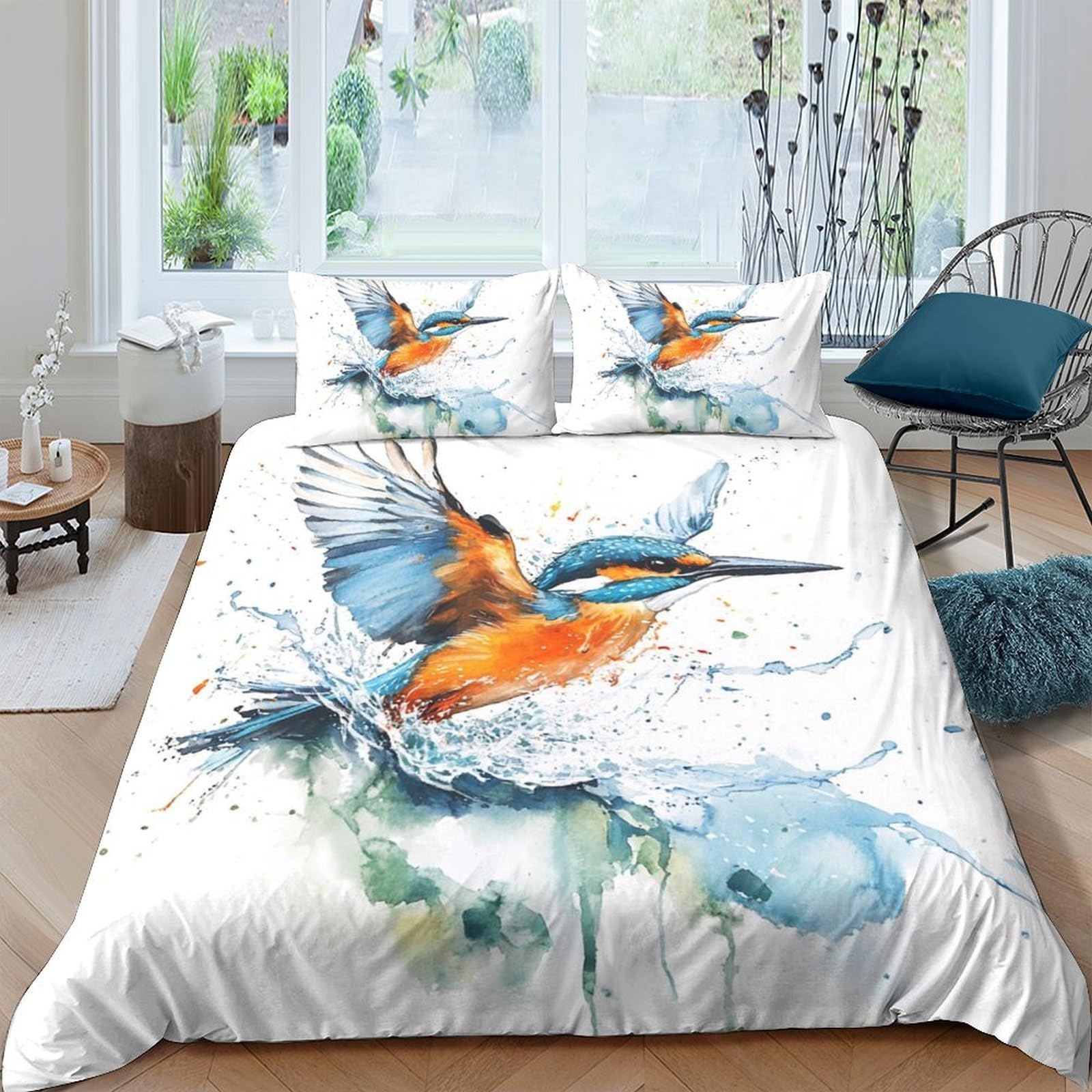 Ctjqhvkz Style-2 3D Printed Kingfisher Art Fitted Sheet Microfiber Soft Blue Orange Bird Mattress Cover For Bedroom Dorm Decor Protection Single（135X200cm）