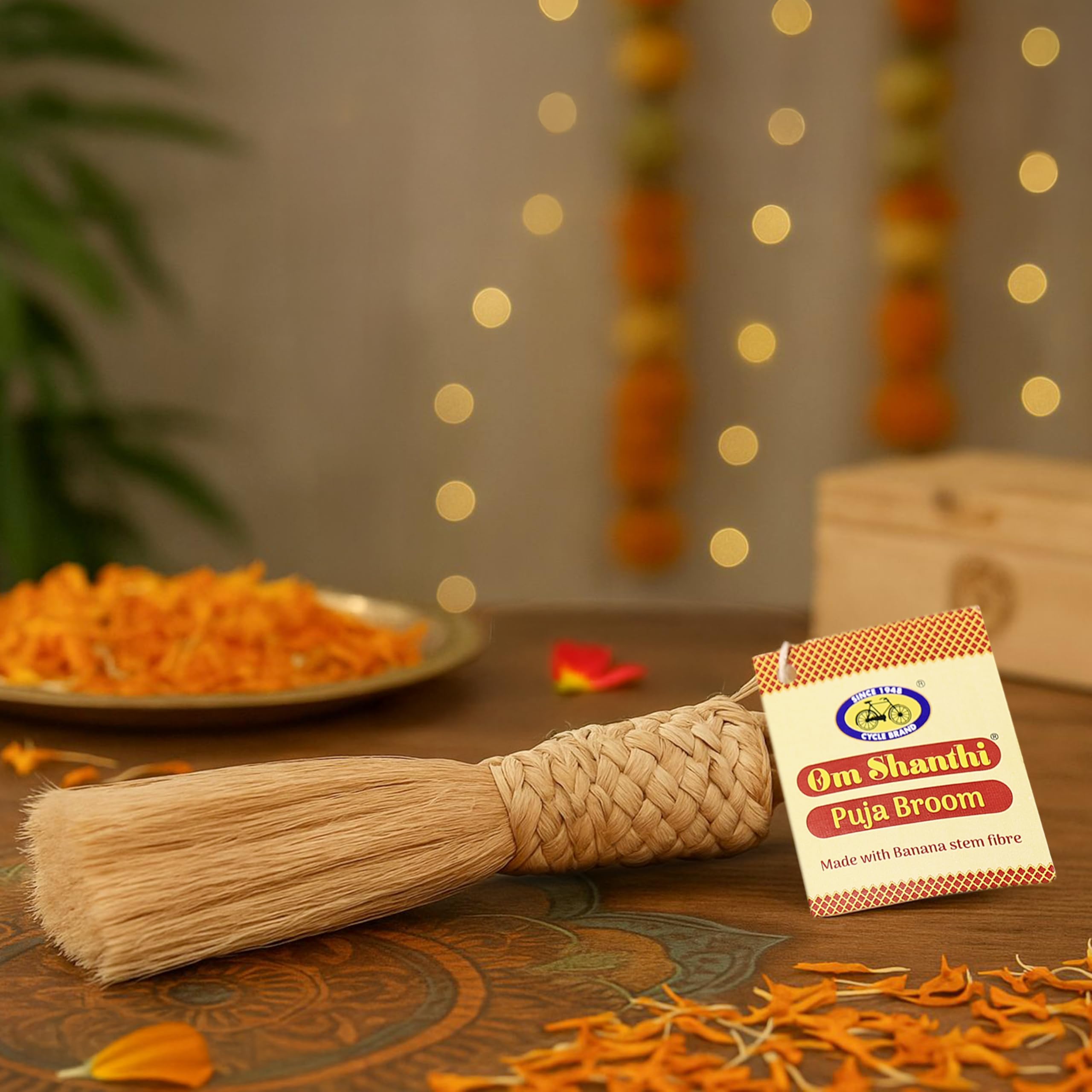Cycle Pure Om Shanthi Pooja Broom | Made with Banana Stem Fibre | Eco-Friendly Broom for Puja Room | Length 8.5 Inches | Broom Stick for Dusting & Home Cleaning Pack of 1