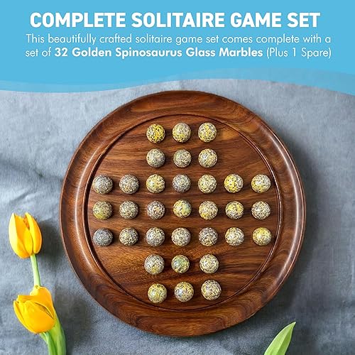 Miniatura 3 de Juego de mesa de solitario de madera de 11.8 in de diámetro con canicas de vidrio spinosaurus dorado con motas | | juego clásico de solitario de