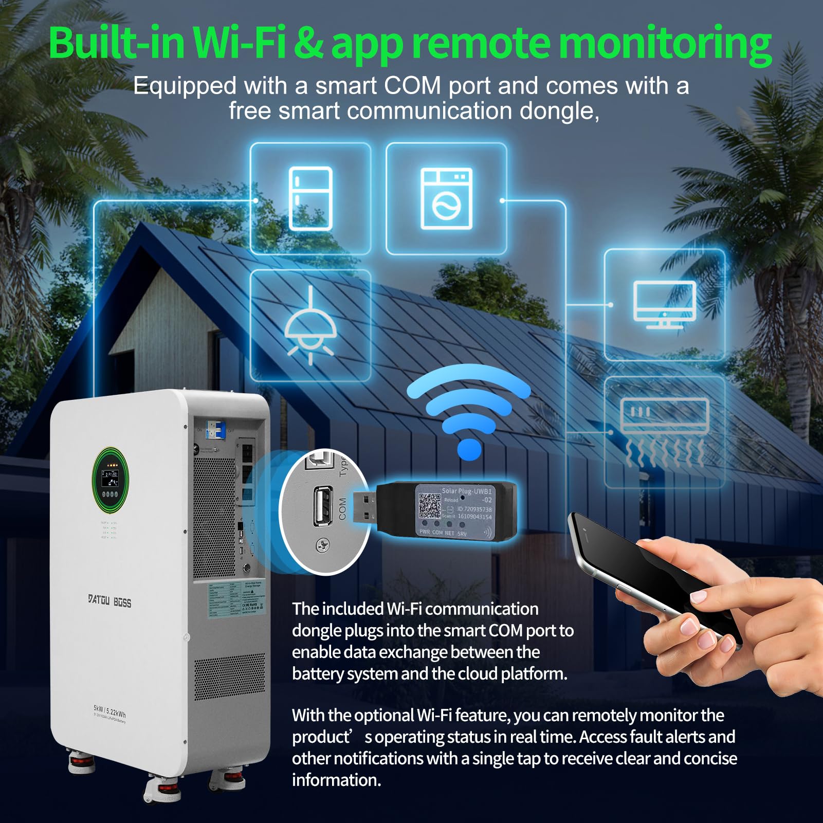 DATOUBOSS 5000W Inverter Ibrido Solare 48V+Batteria LiFePO4 48V 102Ah 5,22 kWh,6000+cicli,integrata BMS,ideale per Solare, Off-Grid,Centrale Elettrica.