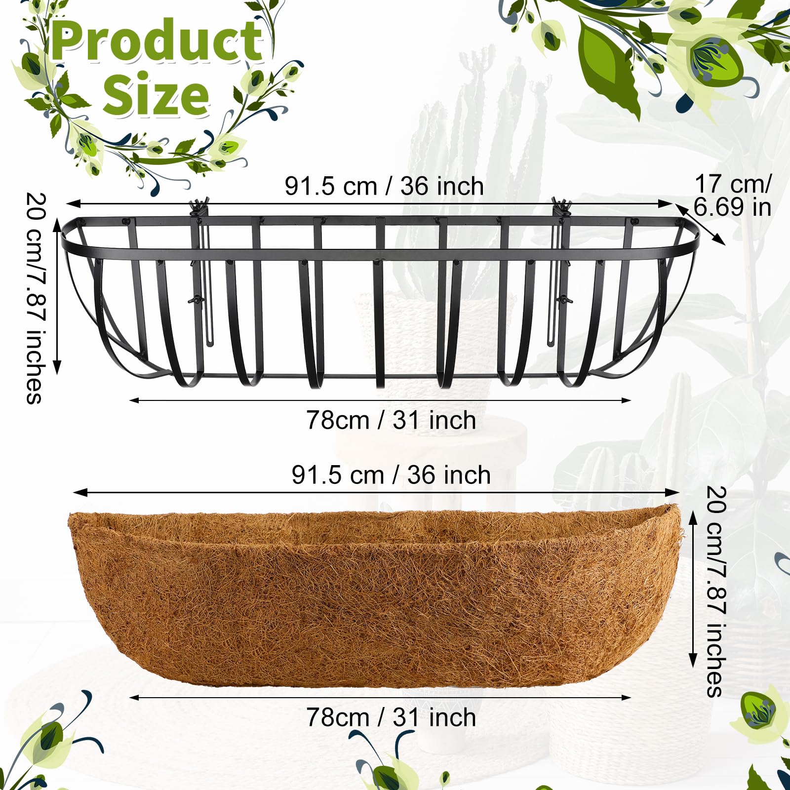 Tessco - 4 cestas de ventana con forro de coco de 36 pulgadas, macetas de barandilla, macetas de metal negro para colgar flores para interiores y exteriores