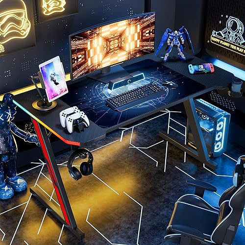 Miniatura 2 de Homall Escritorio para computadora de juegos con superficie de fibra de carbono, mesa de juegos en forma de Z, oficina en casa con soporte para
