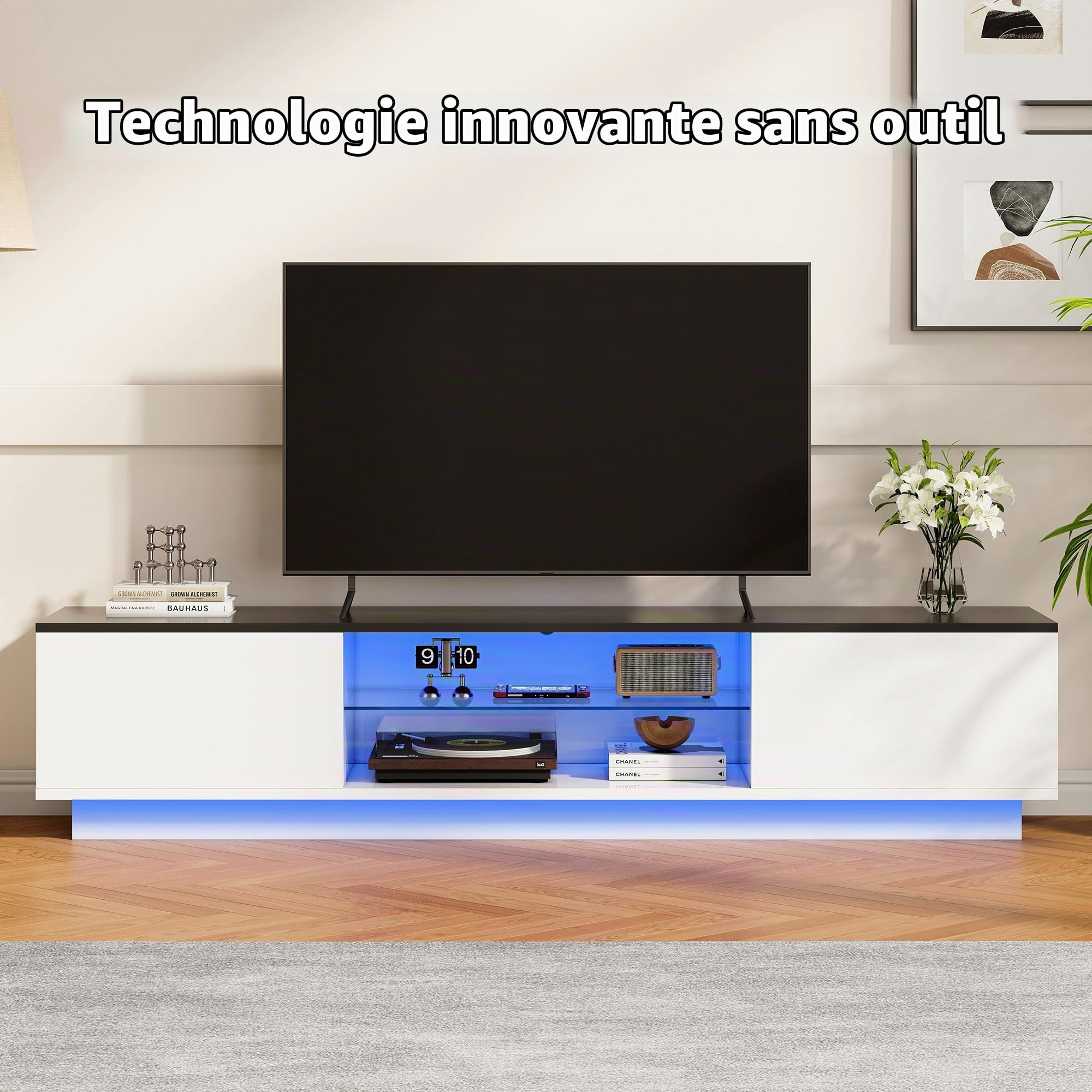 Meuble TV 160 cm, Meuble Tele avec Lumières LED, Banc TV Blanc avec Espace de Rangement, pour Télévision jusqu'à 65 Pouces, Design Moderne, Armoire-TV pour Salon, Chambre (Blanc-160 cm)