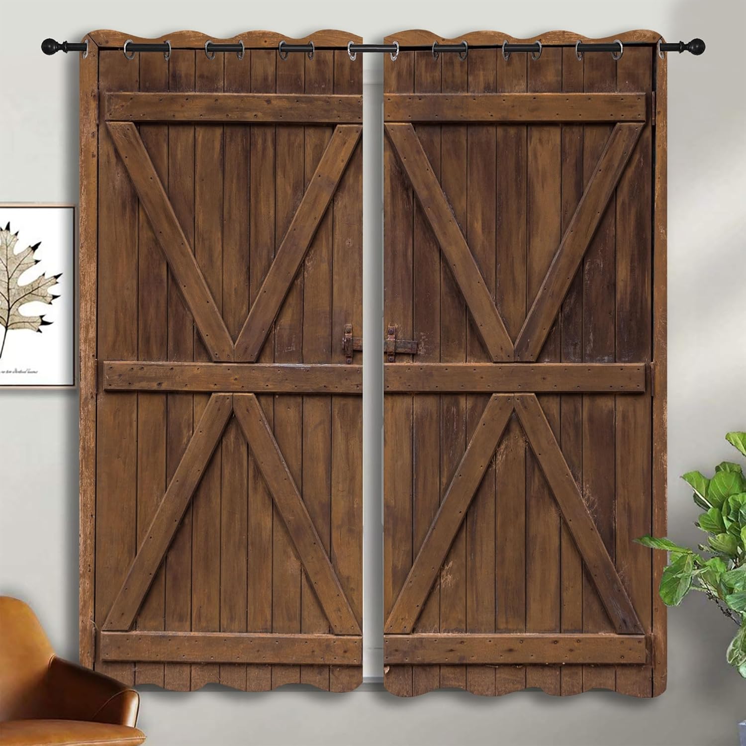 Rustic Barn Door Grommet Blackout Curtains for Boy Girl Bedroom, Brown Wooden Farmhouse Door Thermal Insulated Home Window Drapes for Living Room Darkening, 42x45 inch