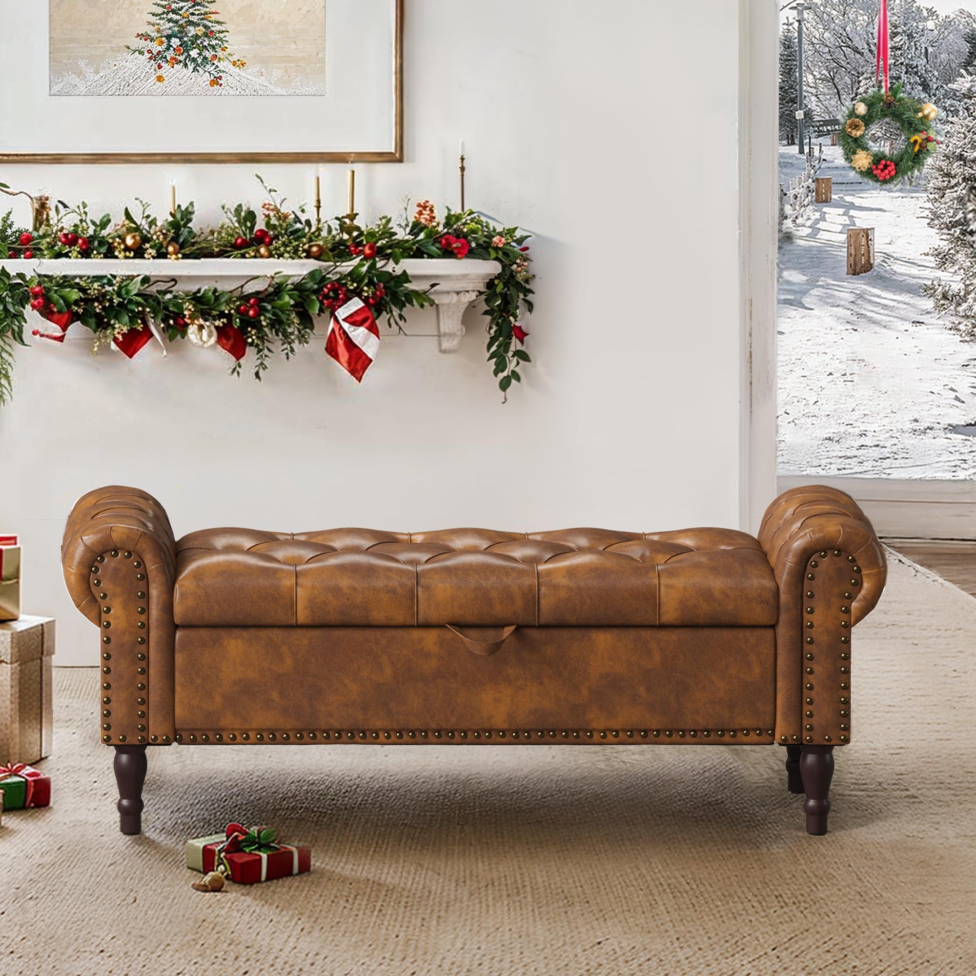 LUE BONA 130cm Banco de Almacenamiento,Banco Descalzadora Almacenaje Otomana PU con Tapa de Bisagras, Patas Madera y Reposabrazos Enrollados,para Dormitorio Entrada Pasillo,130 X 43 X 50 cm,Marrón