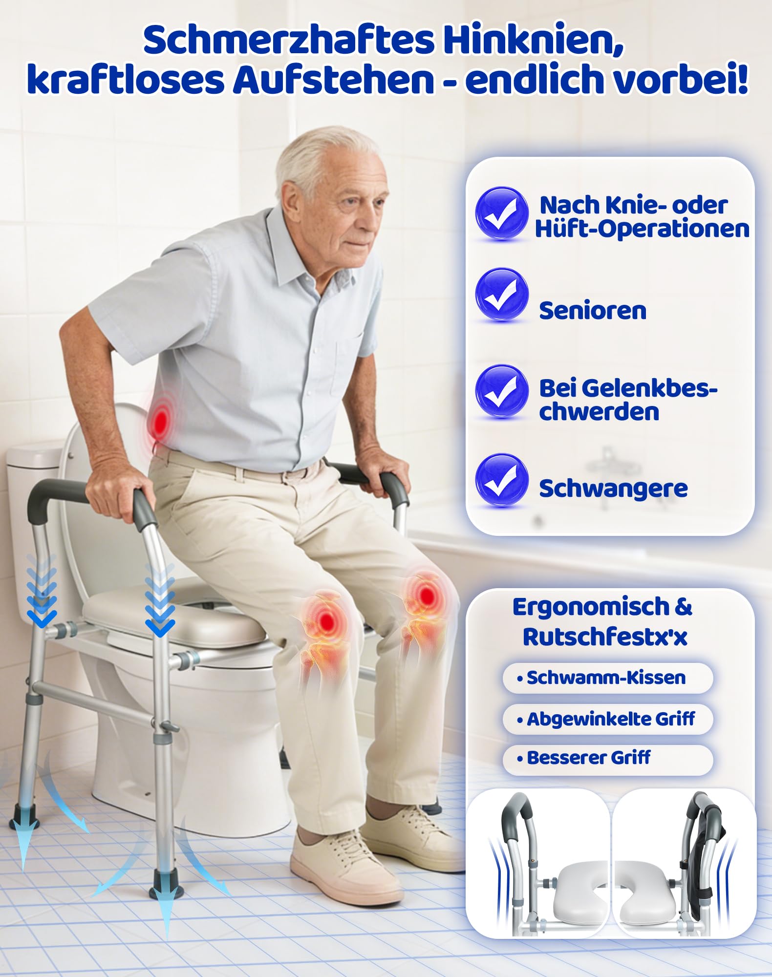 Toilettensitzerhöhung mit Armlehnen WC Sitzerhöhung Aufstehhilfe Toilettenaufsatz für Senioren Erhöhter Toilettensitz mit verstellbarer 8-Stufen Höhe/4-Stufen Breite Toilettenerhöhung bis zu 180kg