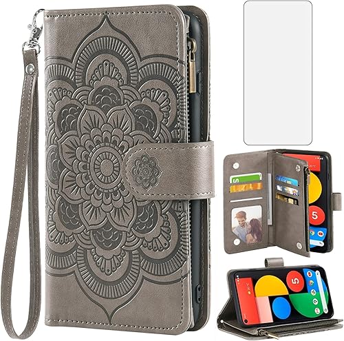 Asuwish Funda de teléfono para Google Pixel 5 con protector de pantalla de vidrio templado y soporte de tarjeta de crédito con tapa de flores,