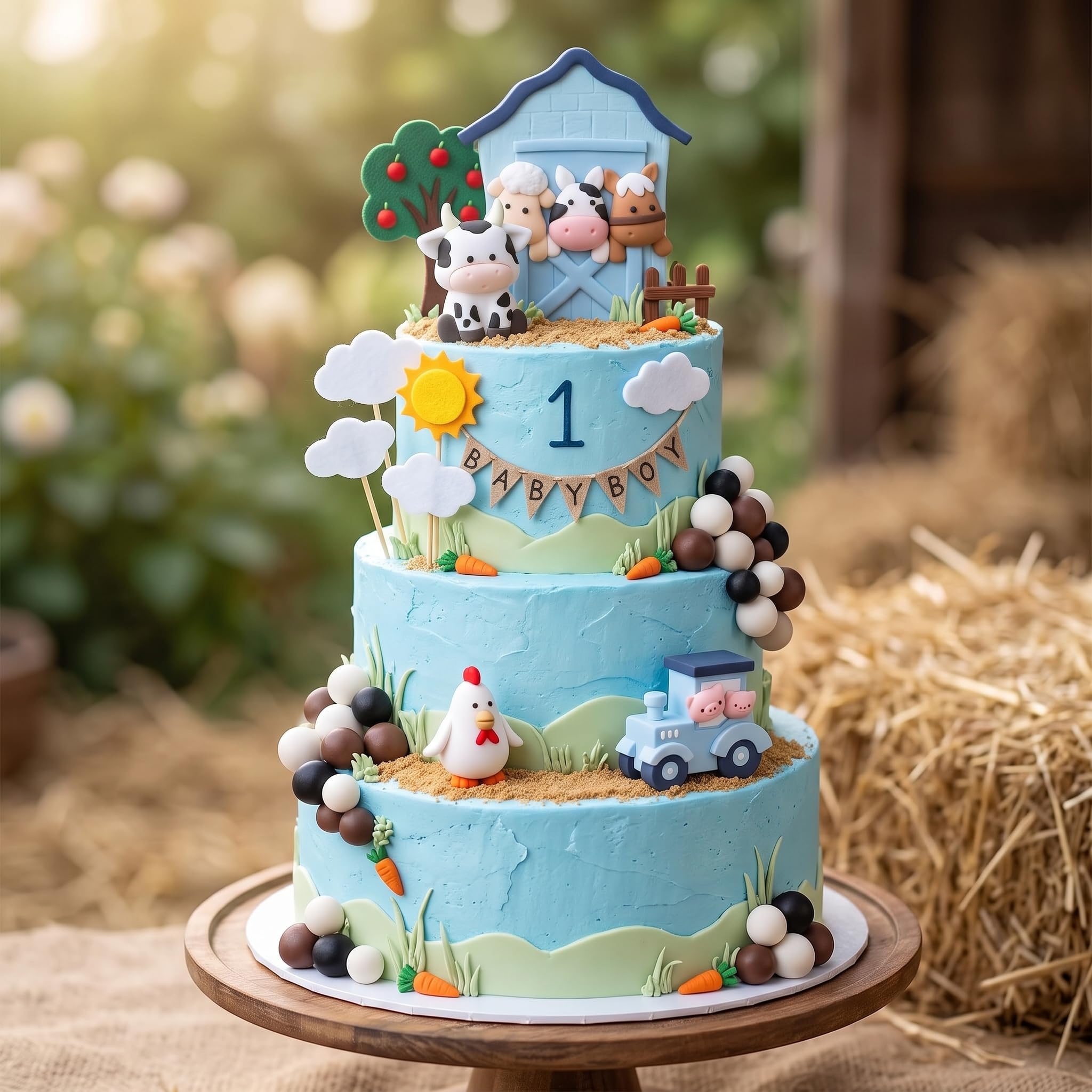 LaVenty Blue Farm Animal Cake Toppers Cow Pig Sheep Cake Decorations