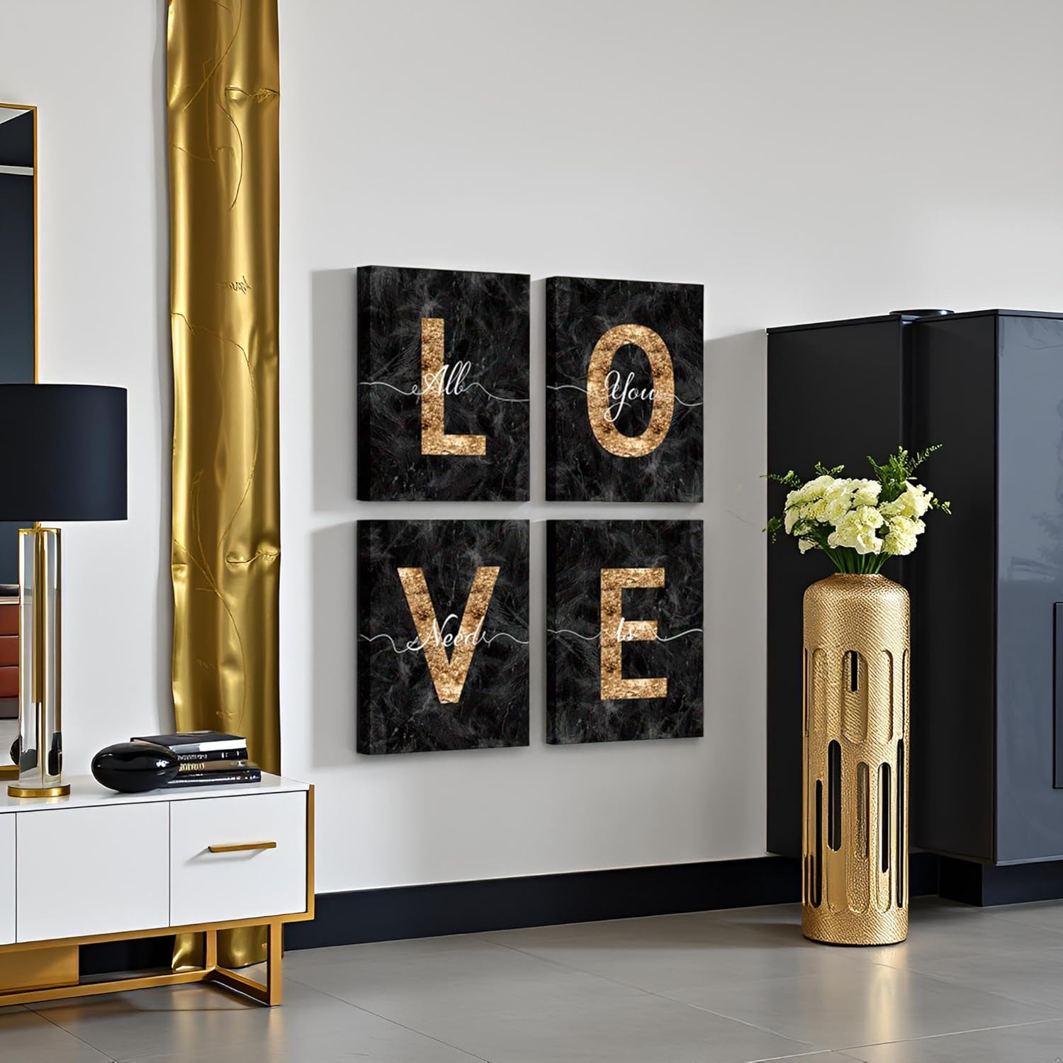 sechars Glam Black and Gold Canvas Wall Art All You Need is Love Sign Decor Fashion Glitter Marble Love Quotes for Girl Women Bedroom Bathroom Valentine's Day Gifts (Black)
