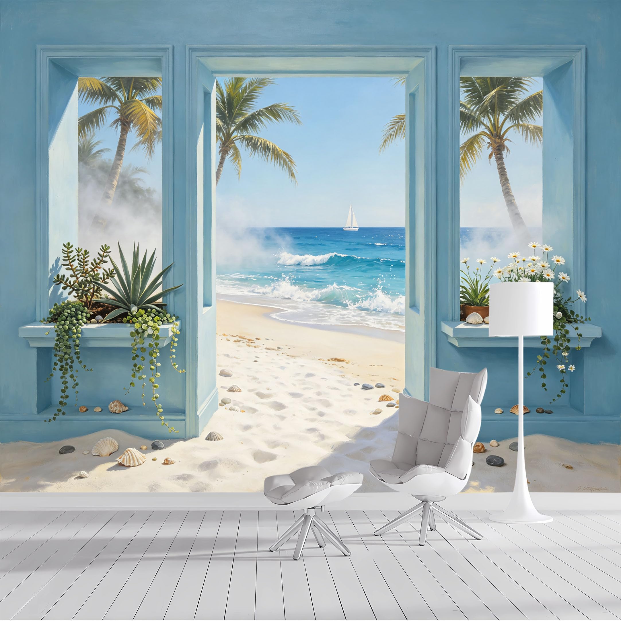 Custom Size Wall Mural Tropical Beach Seascape Window View Trompe L'Oeil Oil Painting SelfAdhesive Wall Fabric Removable Wallpaper Wall Decor for Living Room Bedroom Bathroom
