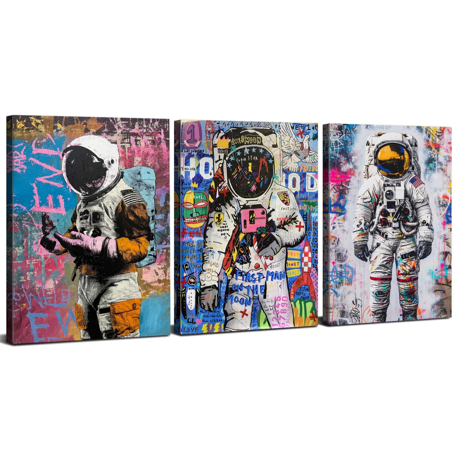 Banksy Canvas Wall Art Framed Astronaut Posters for Living Room Colourful Graffiti Bedroom Pictures for Wall, Modern Urban Street Pop Art Canvas Prints for Office Hallway Home Decoration 30x40cm 3Pcs