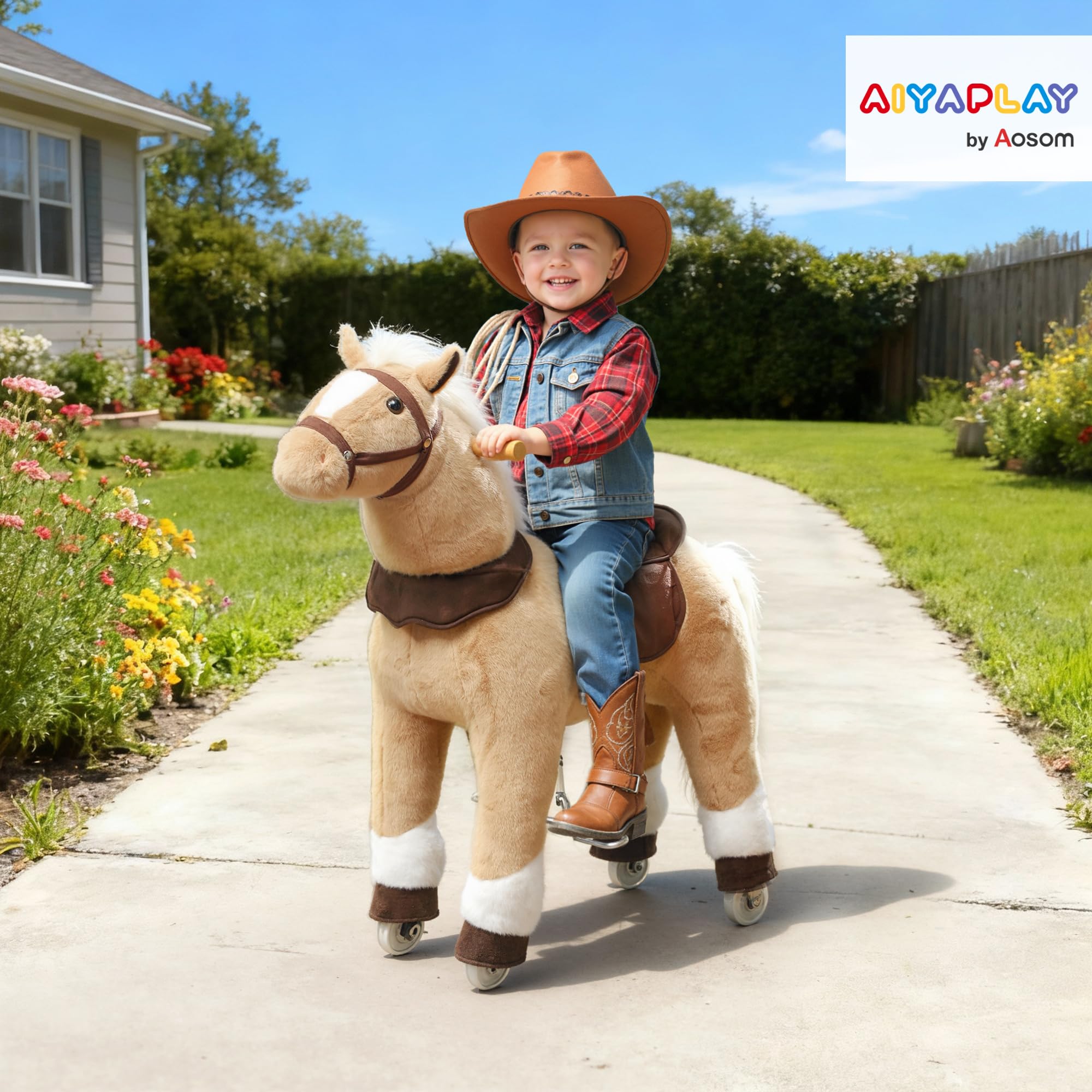AIYAPLAY Reitpferd, Spielpferd zum Reiten mit Sattel Rollen, 80 cm Stehpferd, Plüschpferd für Kinder 3-5 Jahre, bis 25 kg, Braun