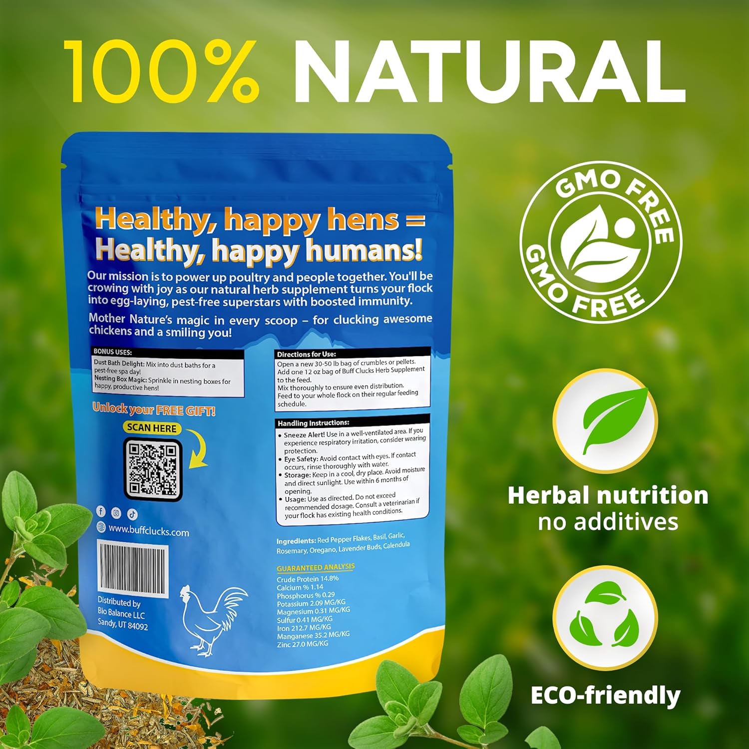 Buff Clucks Herb Supplement for Backyard Chickens - Natural Chicken Treats, Poultry Feed Botanical Mix, Plant-Based Coop Snacks for Daily Wellness, Feather Quality, Egg Production, USA (12 oz)